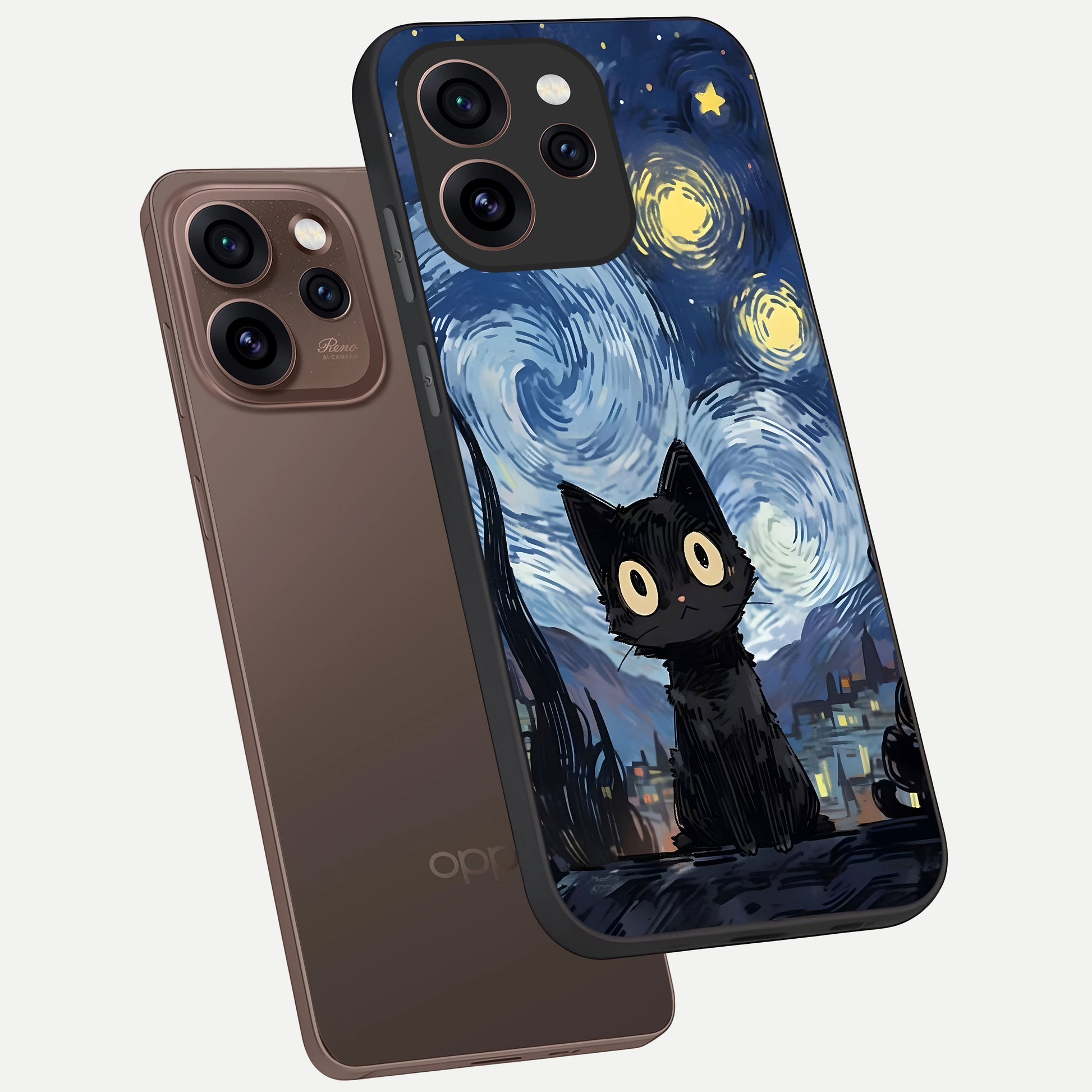  Van Gogh Cat phone case For Oppo Reno 15 Pro showing premium glass back cover with detailed artwork