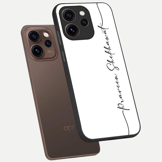  White Tune Custom Name phone case For Oppo Reno 15 Pro showing premium custom name glass back cover