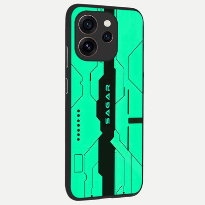  Aqua Tech CYBERPUNK Custom Name back cover For Oppo Reno 15 Pro slim fit glass case with vibrant aesthetic design