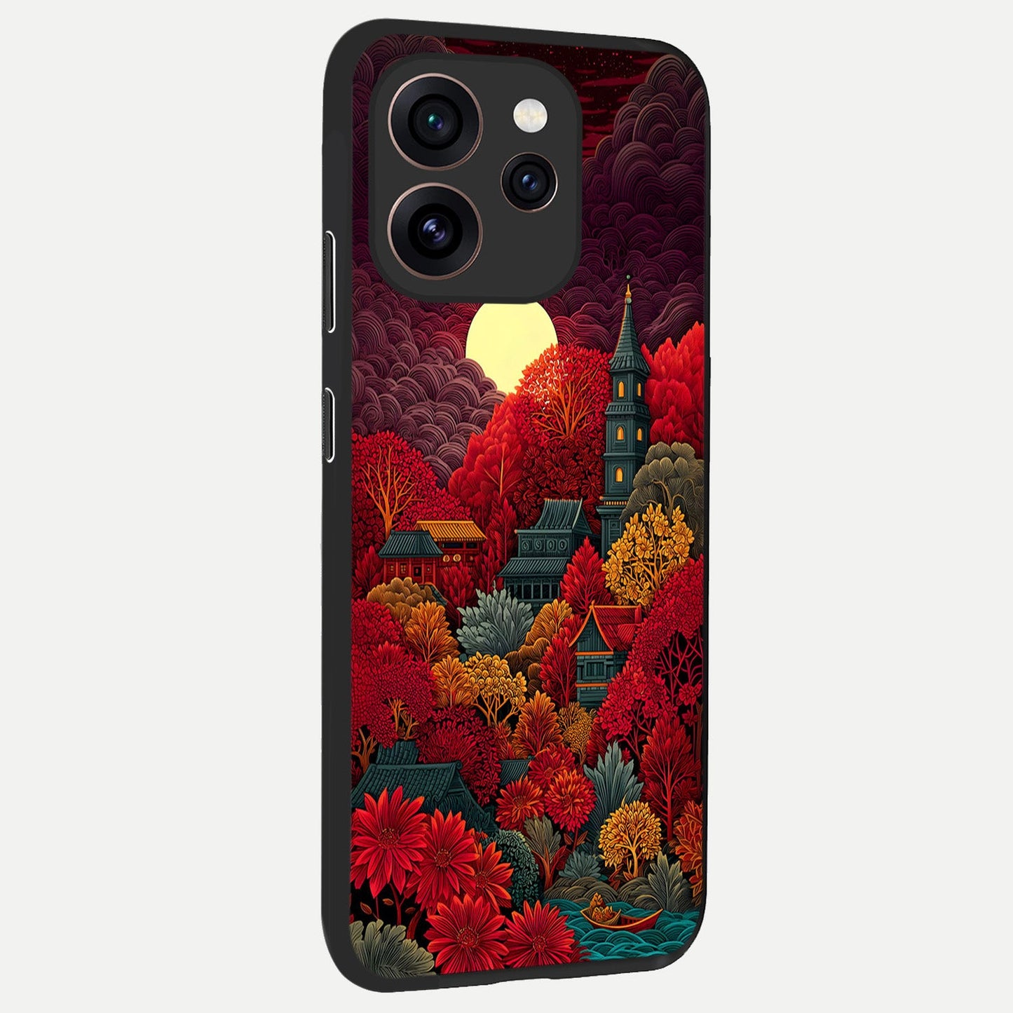  Scarlet Autumn Temple back cover For Oppo Reno 15 Pro slim fit glass case with vibrant aesthetic design