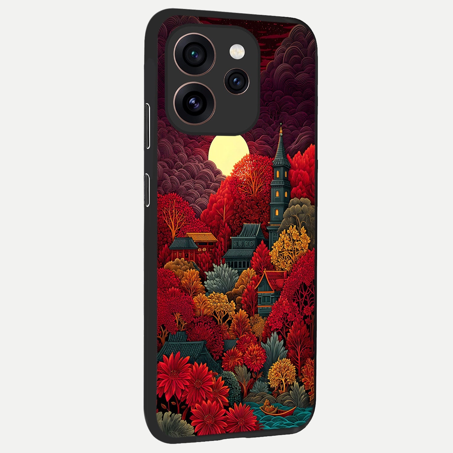  Scarlet Autumn Temple back cover For Oppo Reno 15 Pro slim fit glass case with vibrant aesthetic design