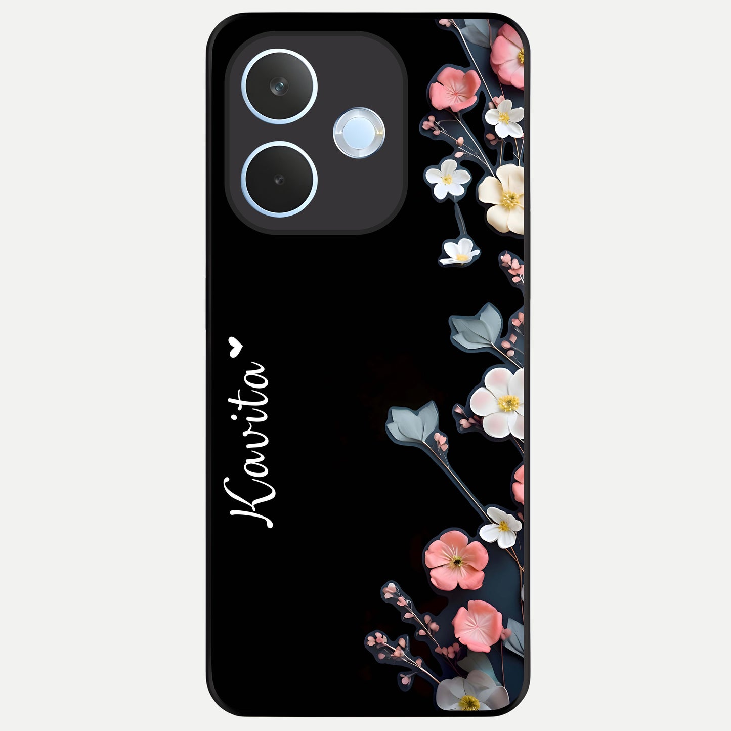  Black Elegance Floral Custom Name Glass Case For Oppo Reno 15 Pro mini back cover – full design glossy printed glass finish