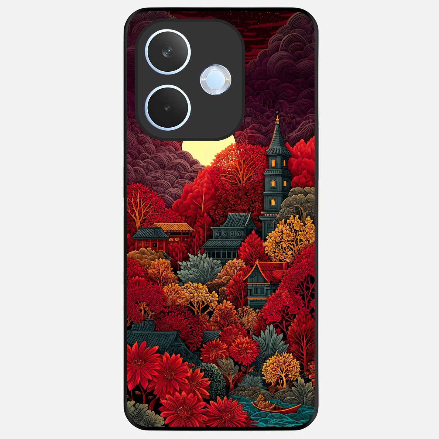  Scarlet Autumn Temple Glass Case For Oppo Reno 15 Pro mini back cover – full design glossy printed glass finish