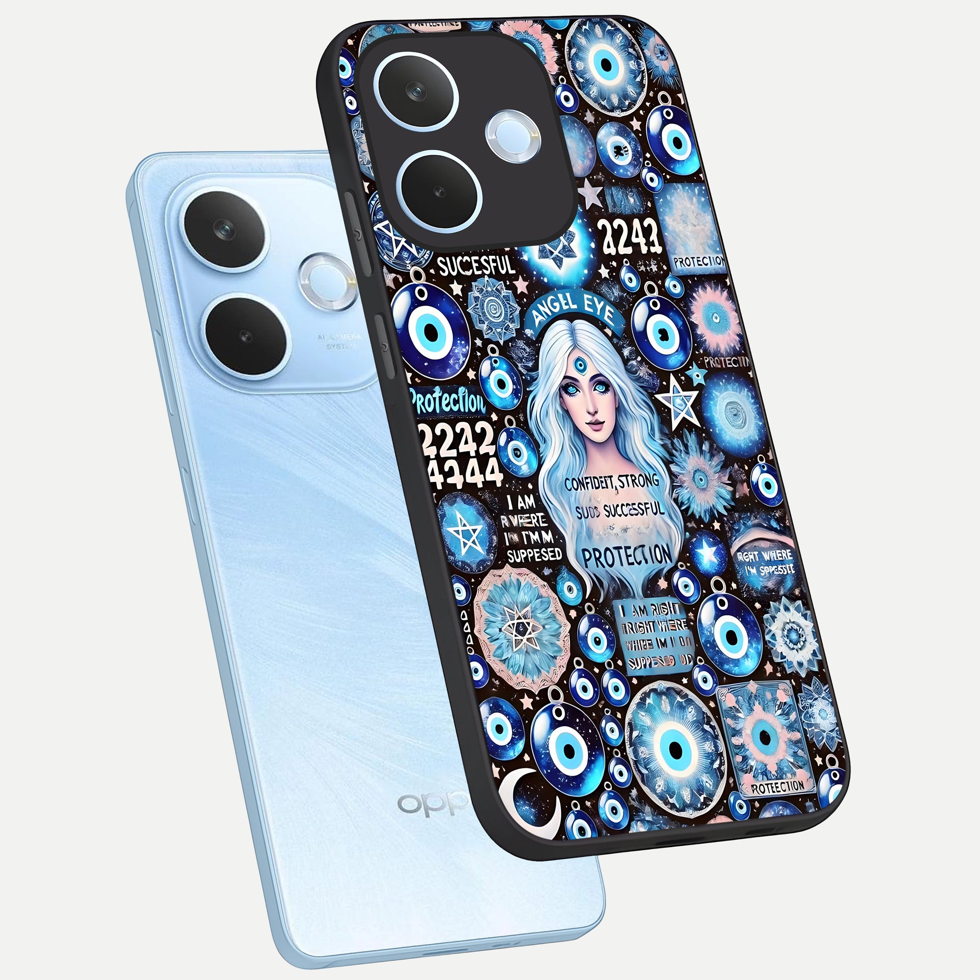  Angel Aura Shield phone case For Oppo Reno 15 Pro mini showing premium glass back cover with detailed artwork