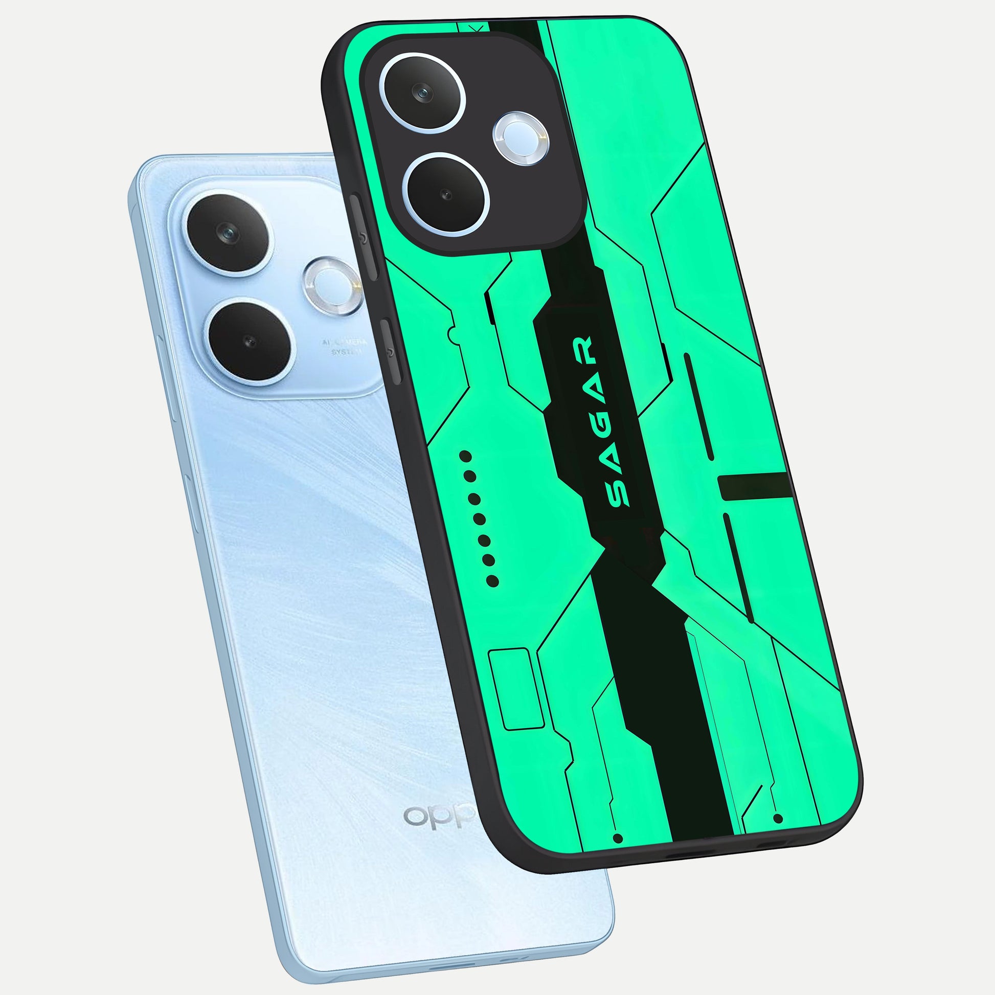  Aqua Tech CYBERPUNK Custom Name phone case For Oppo Reno 15 Pro mini showing premium glass back cover with detailed artwork