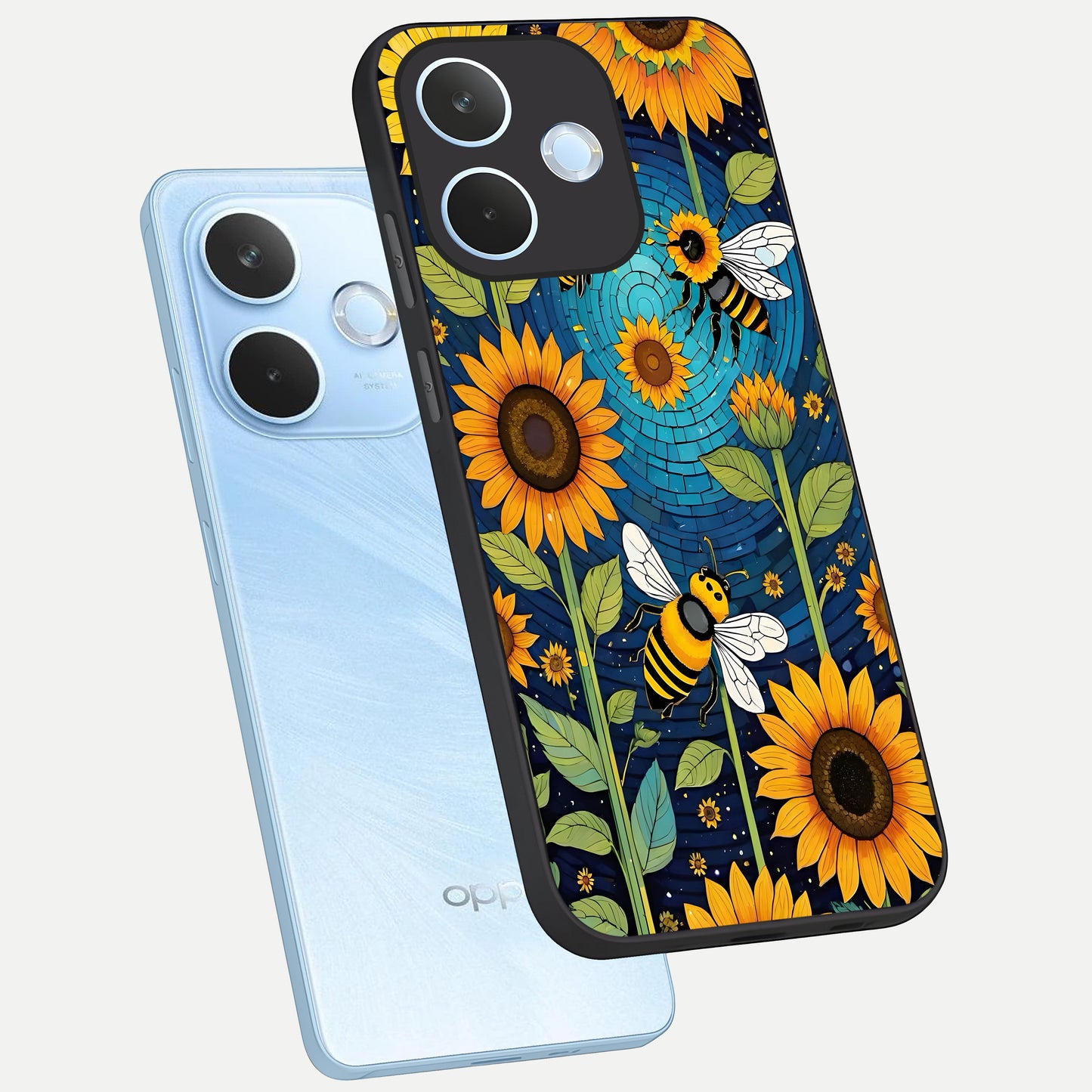  Bees And Sunflowers phone case For Oppo Reno 15 Pro mini showing premium glass back cover with detailed artwork