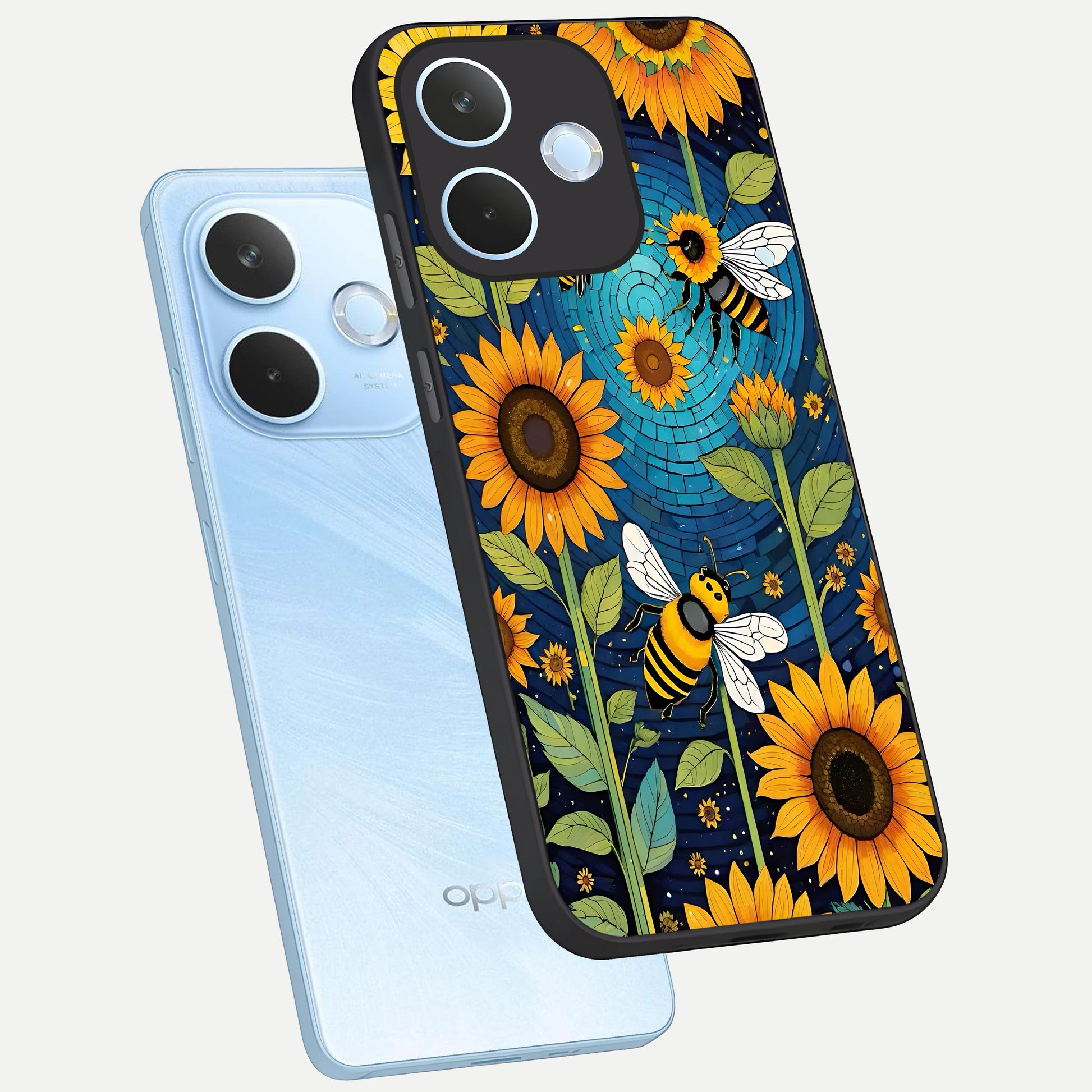  Bees And Sunflowers phone case For Oppo Reno 15 Pro mini showing premium glass back cover with detailed artwork