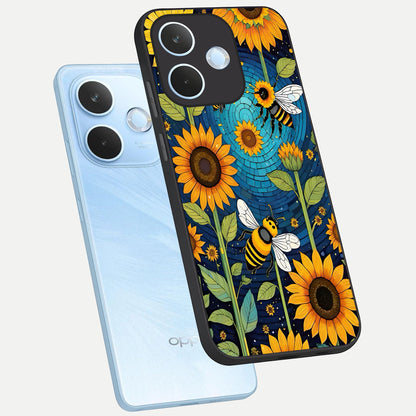  Bees And Sunflowers phone case For Oppo Reno 15 Pro mini showing premium glass back cover with detailed artwork
