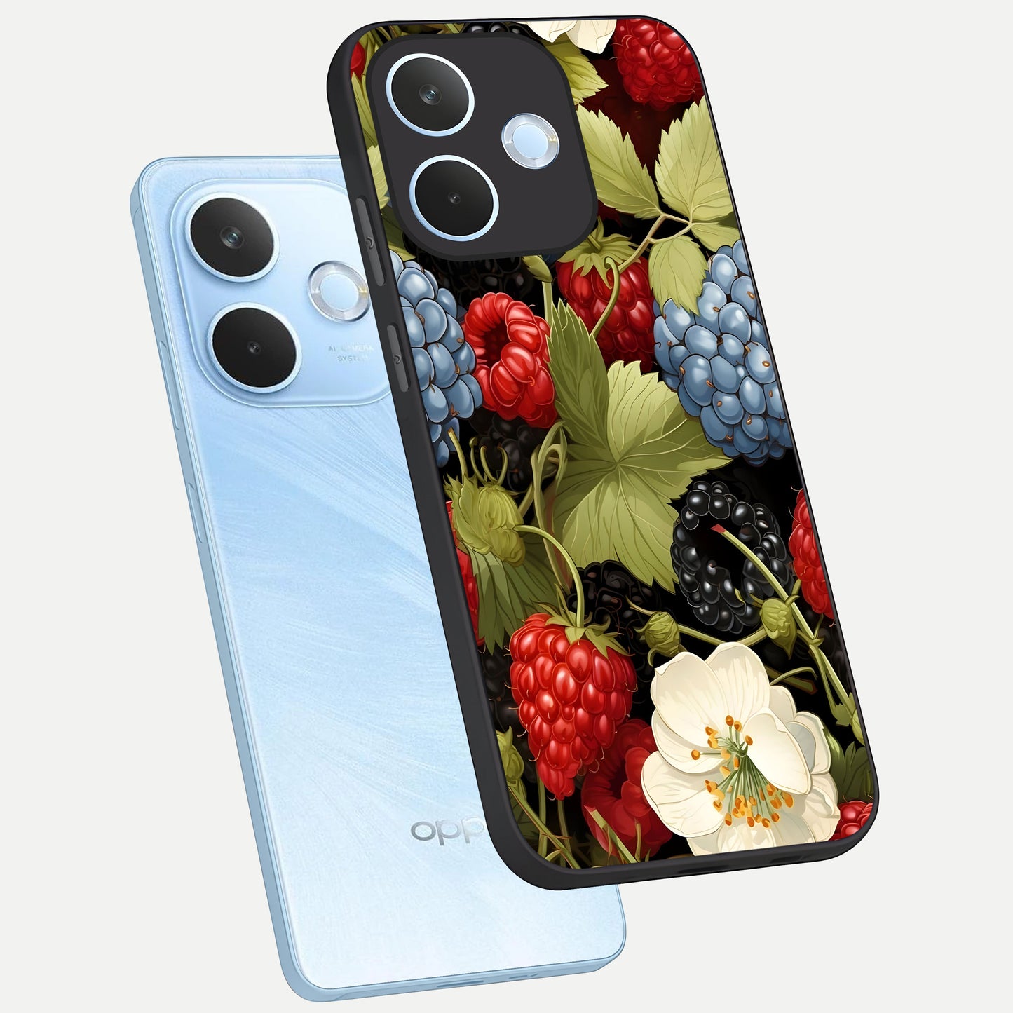  Berry Bloom Charm phone case For Oppo Reno 15 Pro mini showing premium glass back cover with detailed artwork