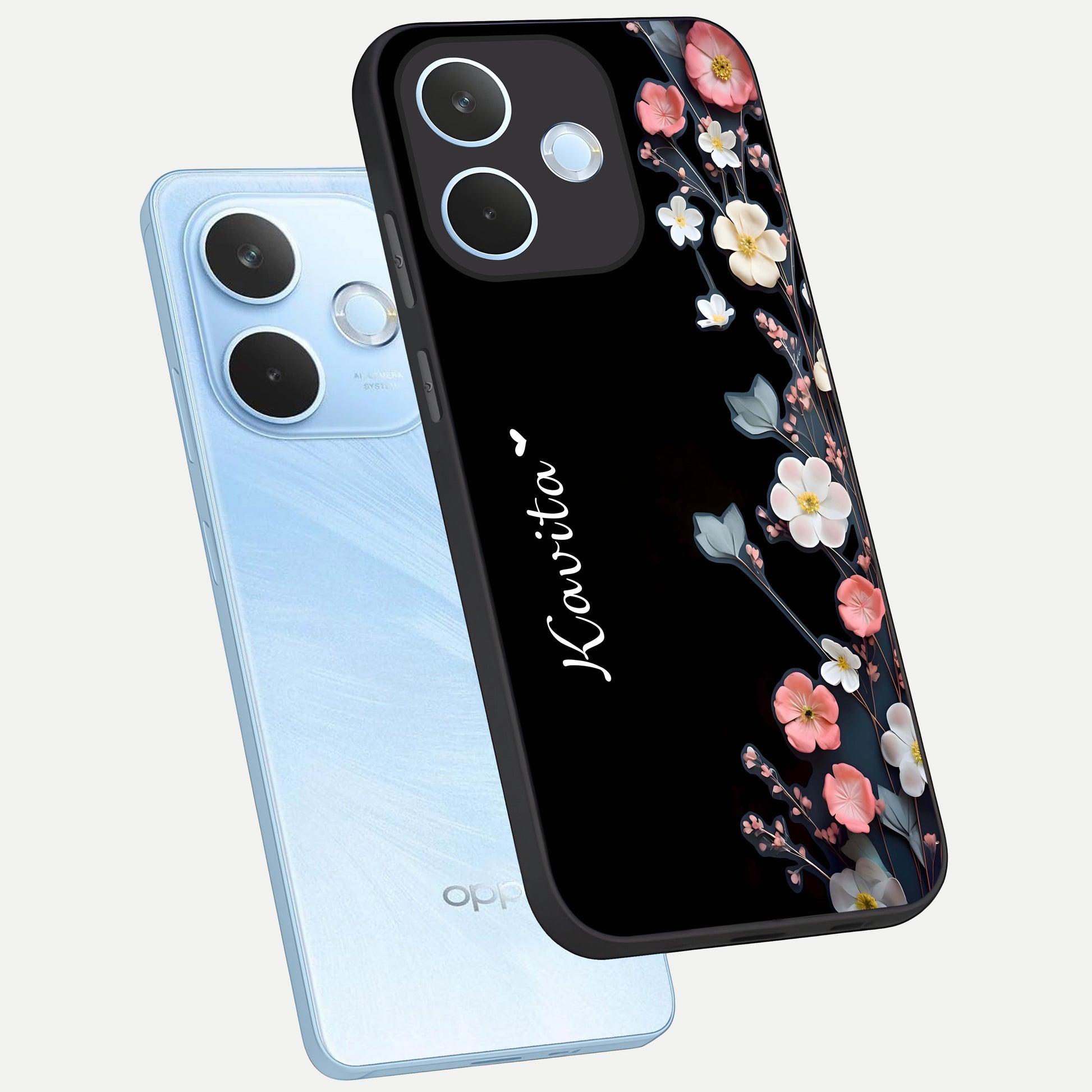  Black Elegance Floral Custom Name phone case For Oppo Reno 15 Pro mini showing premium glass back cover with detailed artwork