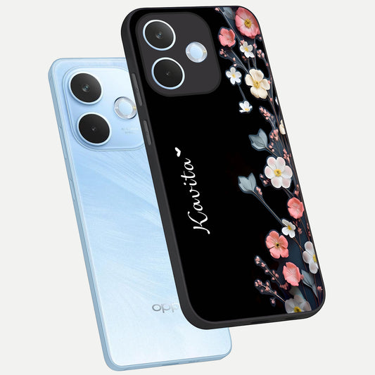  Black Elegance Floral Custom Name phone case For Oppo Reno 15 Pro mini showing premium glass back cover with detailed artwork