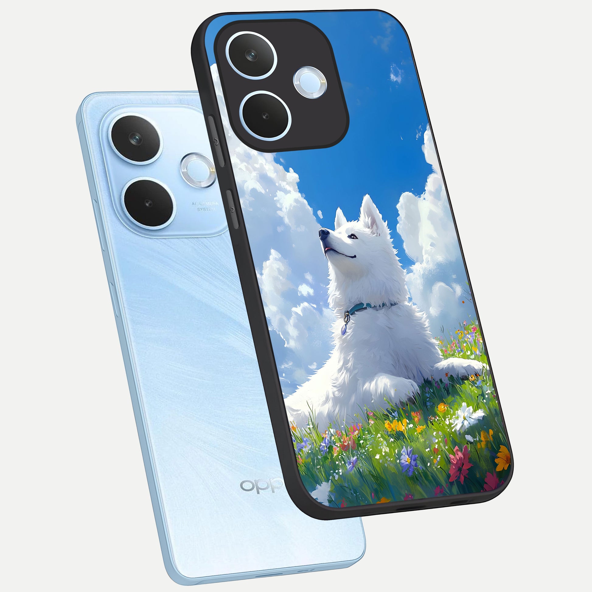  Blissful Cloud Pup phone case For Oppo Reno 15 Pro mini showing premium glass back cover with detailed artwork