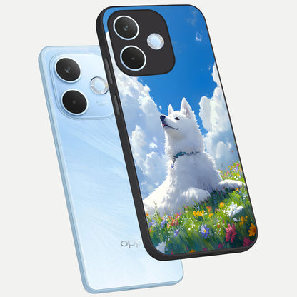  Blissful Cloud Pup phone case For Oppo Reno 15 Pro mini showing premium glass back cover with detailed artwork