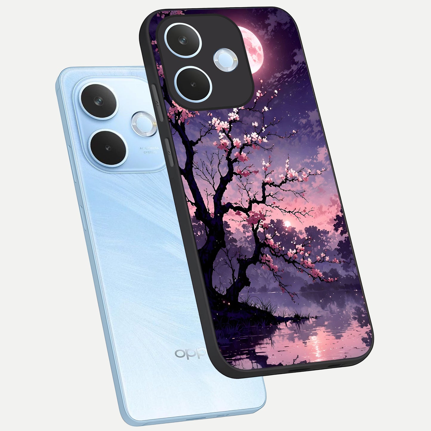  Blossom Pink Moon phone case For Oppo Reno 15 Pro mini showing premium glass back cover with detailed artwork