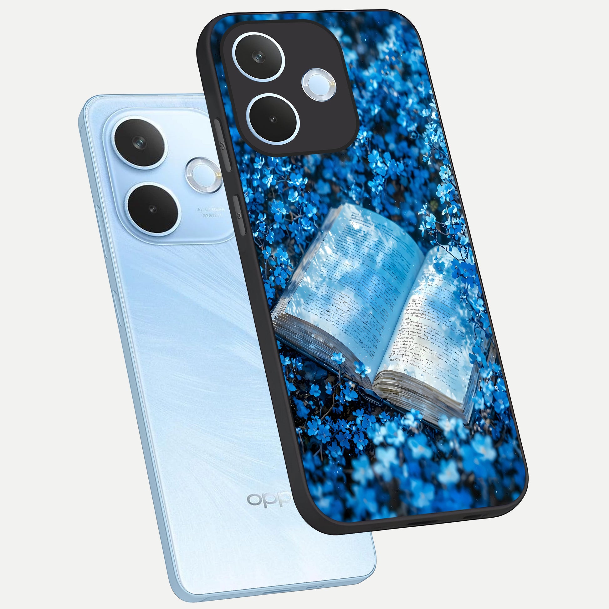  Blue Bloom Tales phone case For Oppo Reno 15 Pro mini showing premium glass back cover with detailed artwork