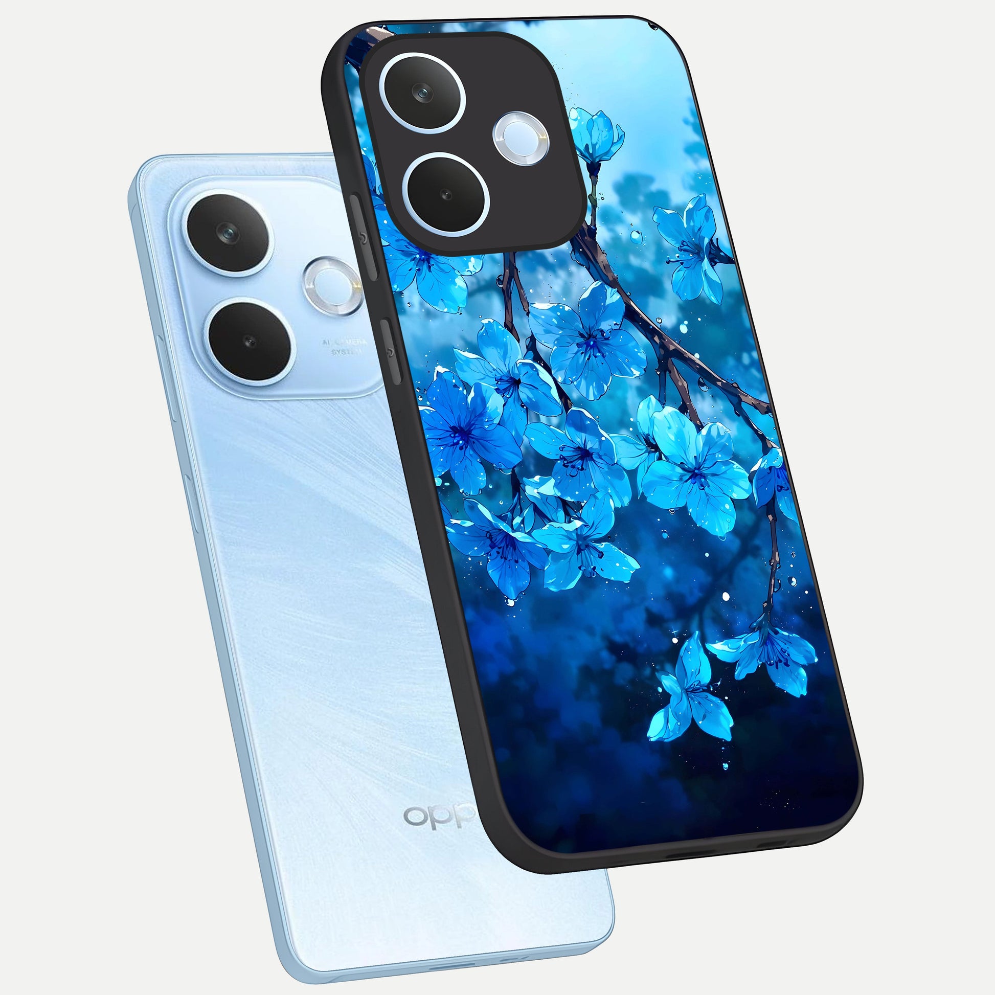  Blue Blossoms Branch phone case For Oppo Reno 15 Pro mini showing premium glass back cover with detailed artwork