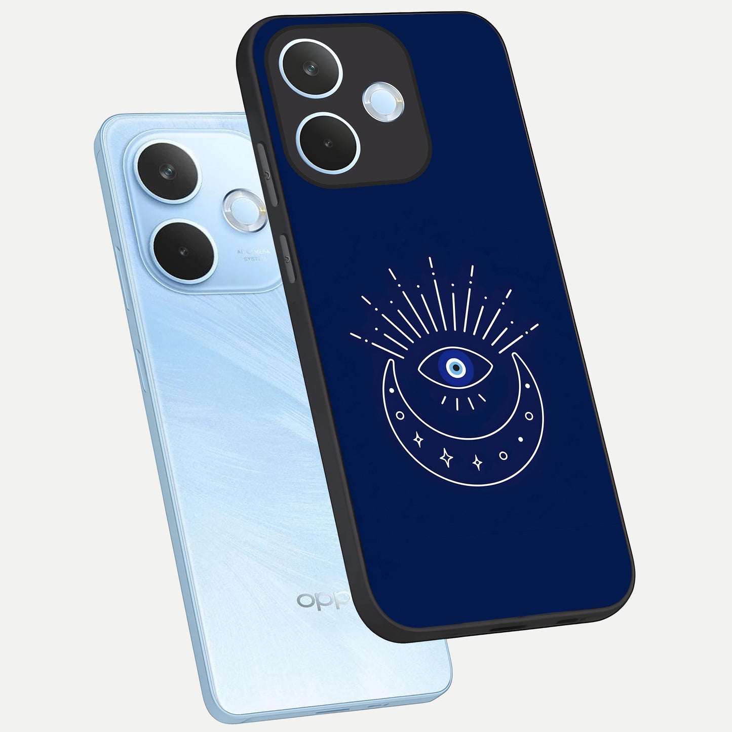  Blue Evil Eye phone case For Oppo Reno 15 Pro mini showing premium glass back cover with detailed artwork