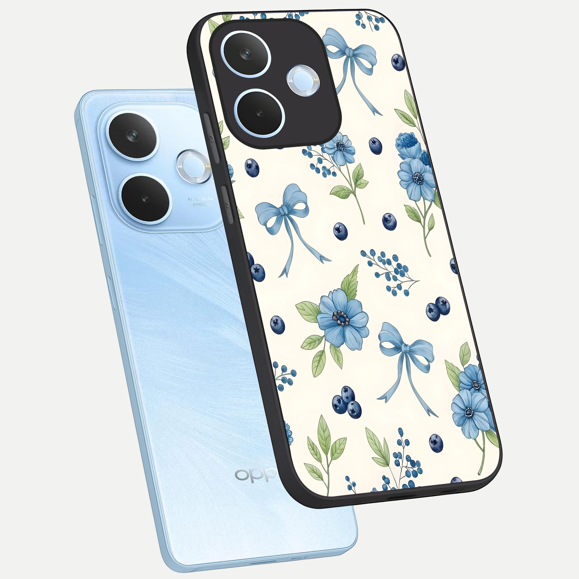  Blue Flower And Bow phone case For Oppo Reno 15 Pro mini showing premium glass back cover with detailed artwork