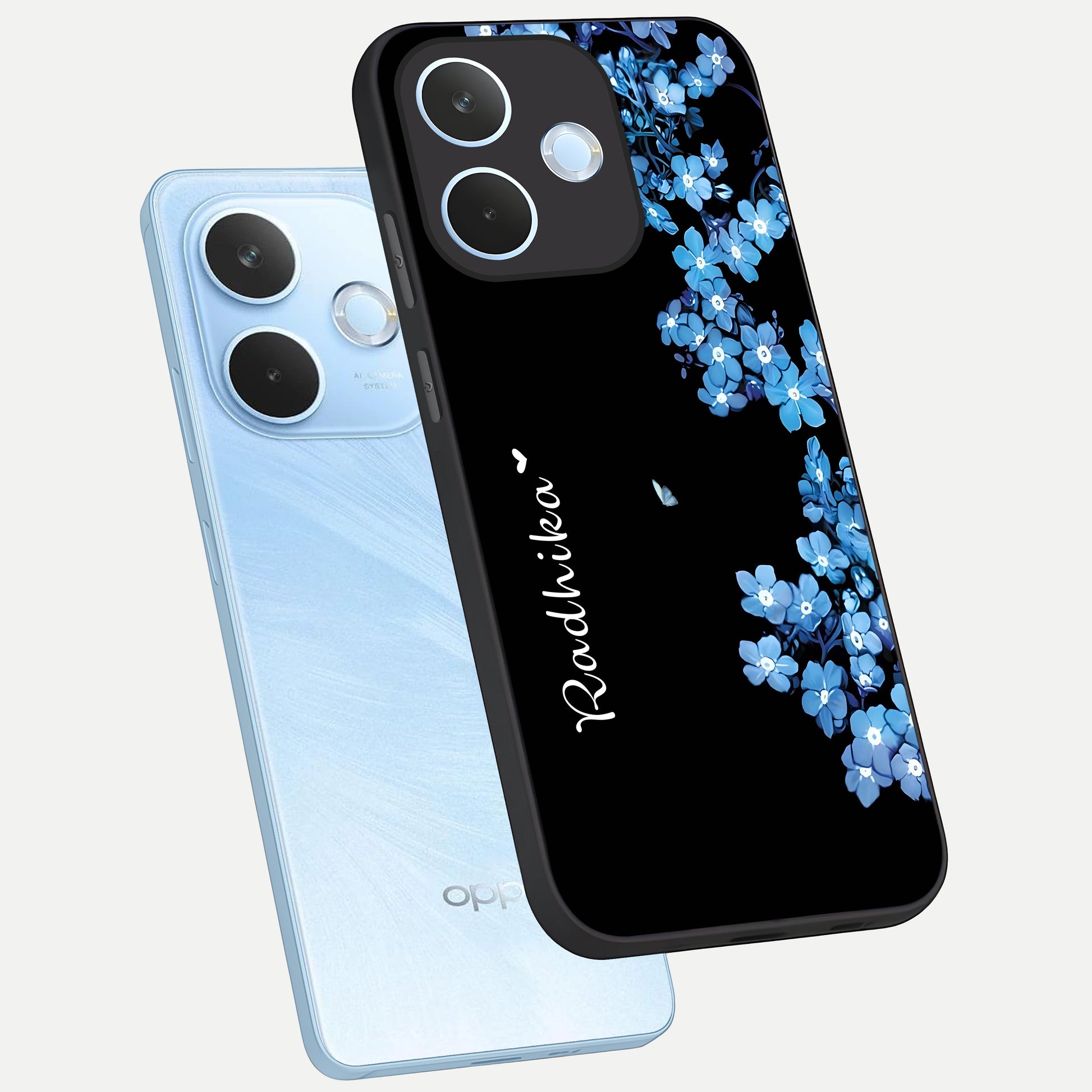  Blue Petal Dream Custom Name phone case For Oppo Reno 15 Pro mini showing premium glass back cover with detailed artwork