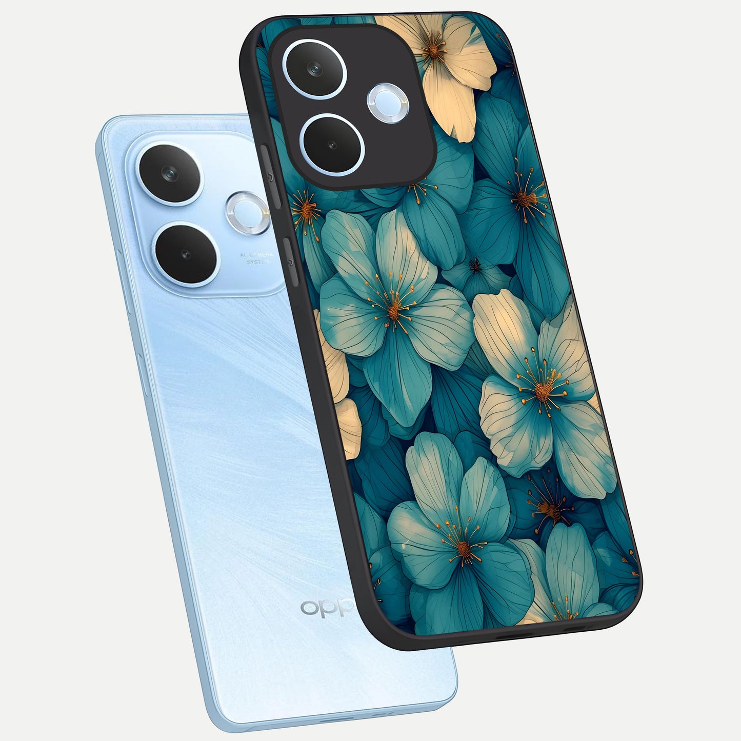  Blue Shade Floral phone case For Oppo Reno 15 Pro mini showing premium glass back cover with detailed artwork