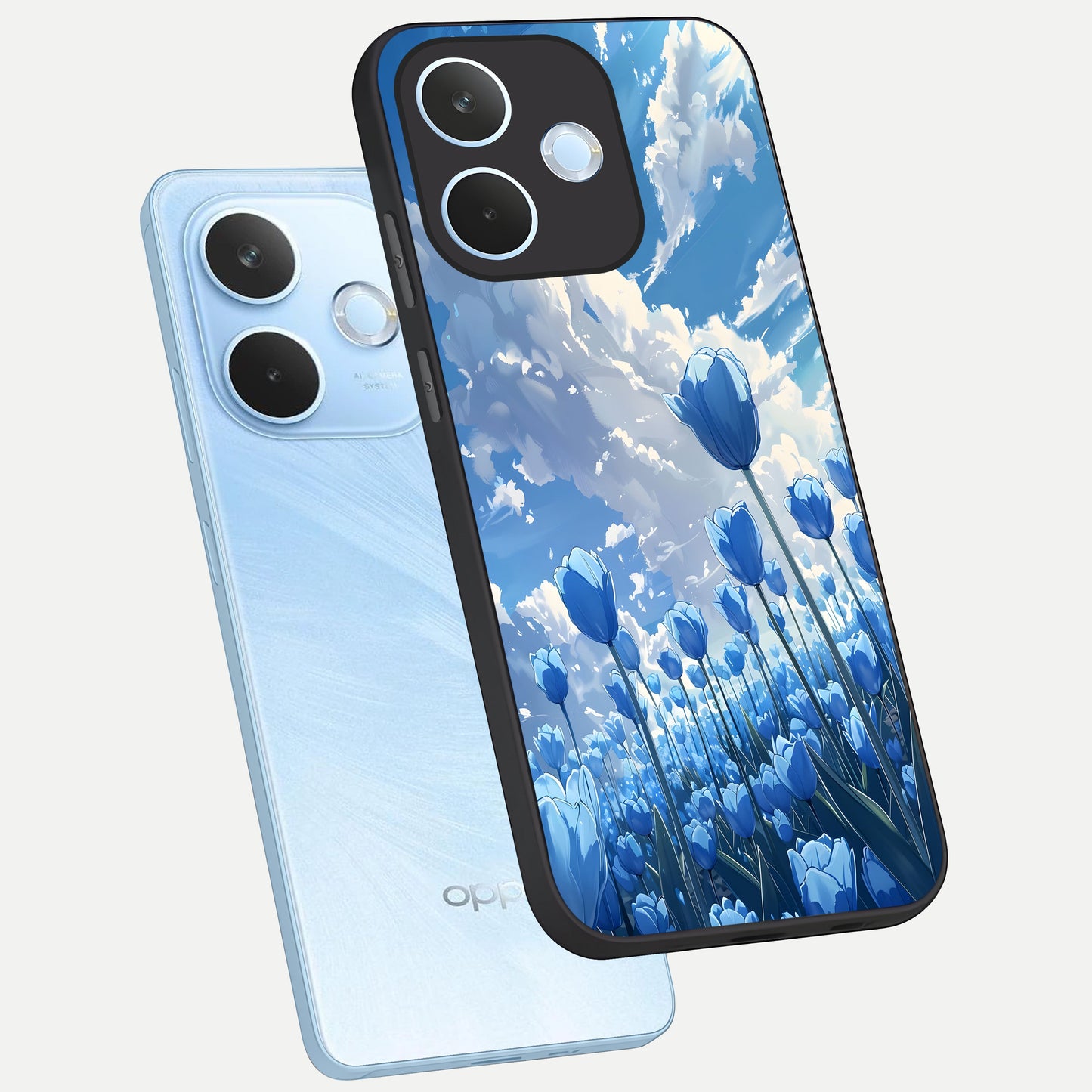  Blue Tulip Clouds phone case For Oppo Reno 15 Pro mini showing premium glass back cover with detailed artwork