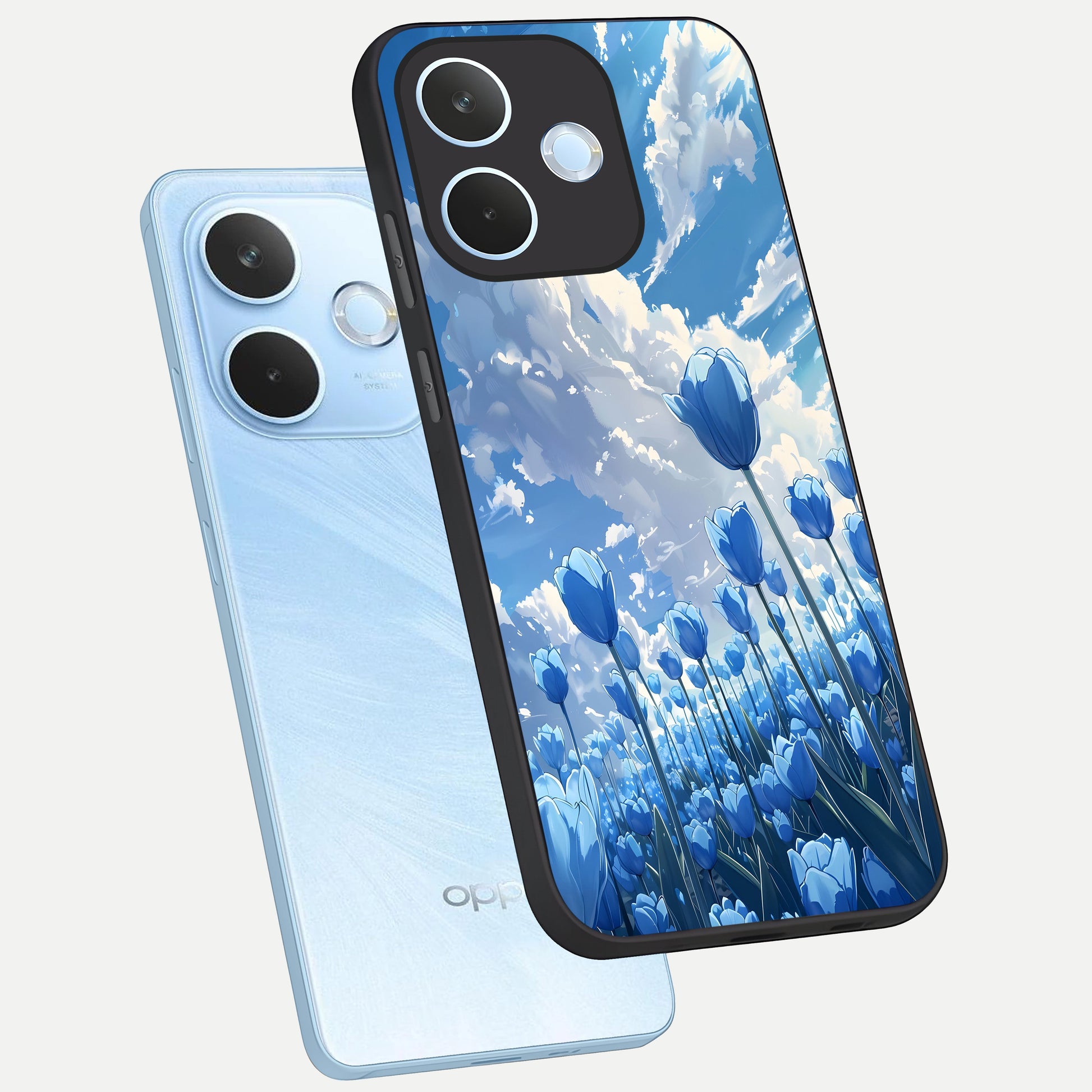  Blue Tulip Clouds phone case For Oppo Reno 15 Pro mini showing premium glass back cover with detailed artwork