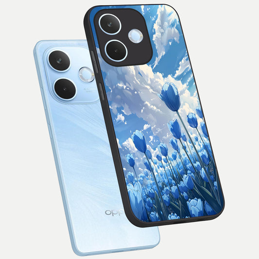  Blue Tulip Clouds phone case For Oppo Reno 15 Pro mini showing premium glass back cover with detailed artwork