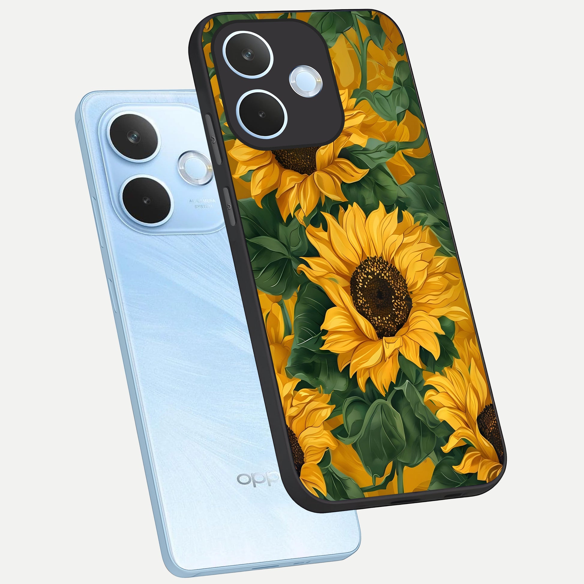  Bright Sunflower Bloom phone case For Oppo Reno 15 Pro mini showing premium glass back cover with detailed artwork