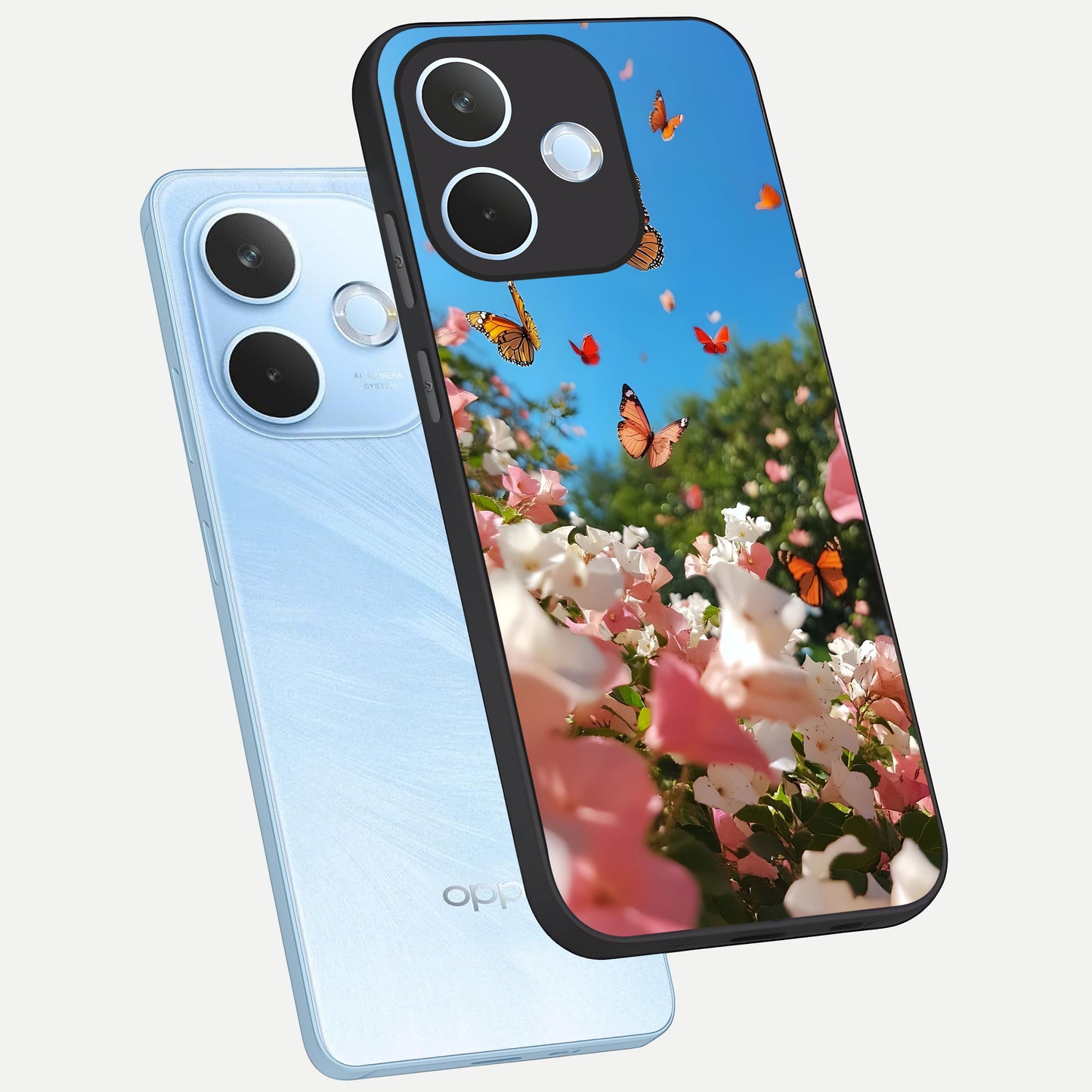  Butterflies In Bloom Sky phone case For Oppo Reno 15 Pro mini showing premium glass back cover with detailed artwork