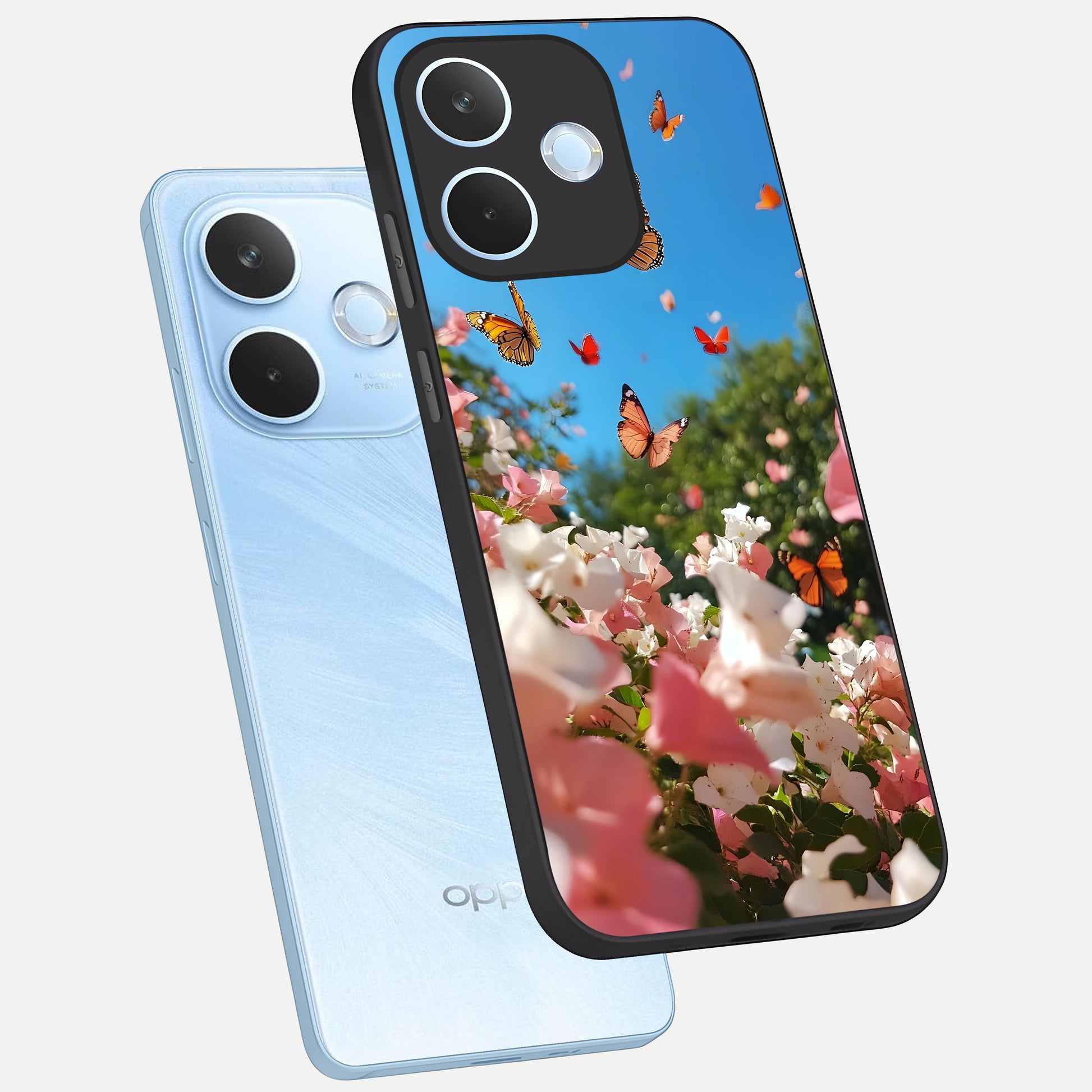  Butterflies In Bloom Sky phone case For Oppo Reno 15 Pro mini showing premium glass back cover with detailed artwork