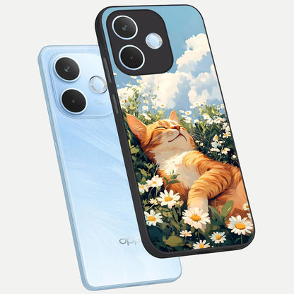  Cat And Flowers View phone case For Oppo Reno 15 Pro mini showing premium glass back cover with detailed artwork