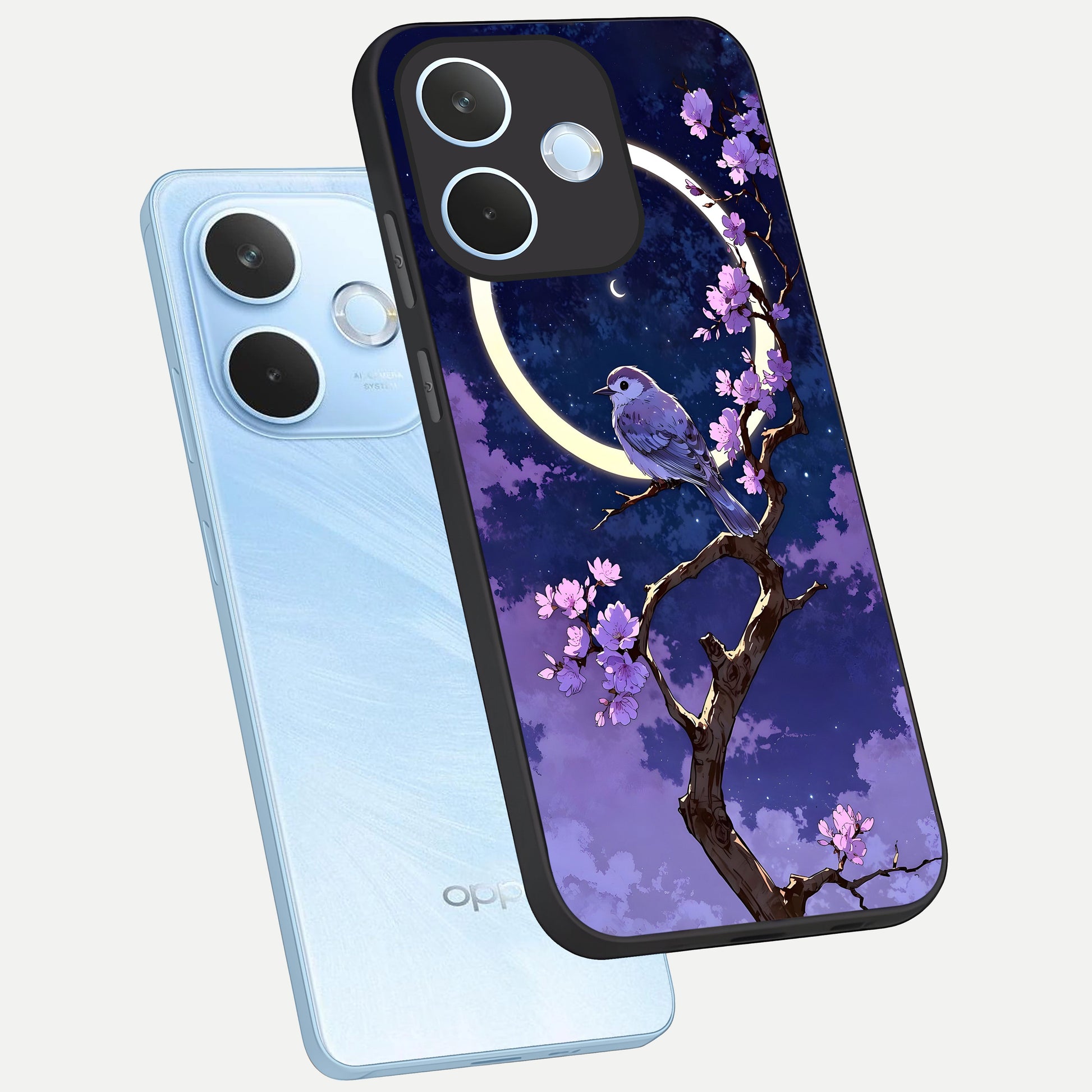  Celestial Bird Blossom phone case For Oppo Reno 15 Pro mini showing premium glass back cover with detailed artwork