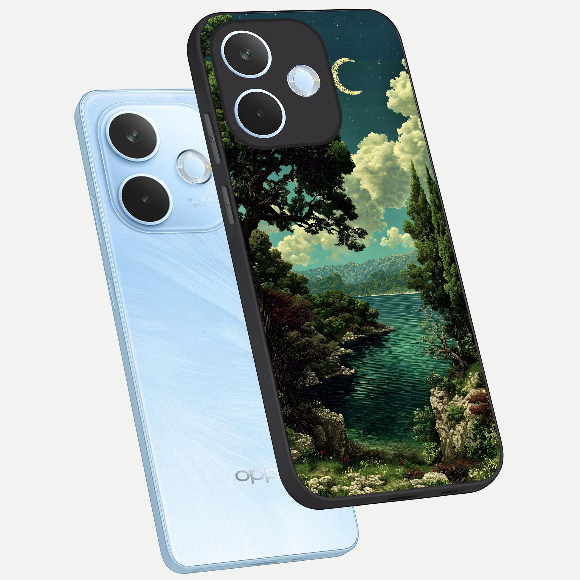  Celestial Lake Peace phone case For Oppo Reno 15 Pro mini showing premium glass back cover with detailed artwork