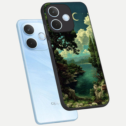  Celestial Lake Peace phone case For Oppo Reno 15 Pro mini showing premium glass back cover with detailed artwork