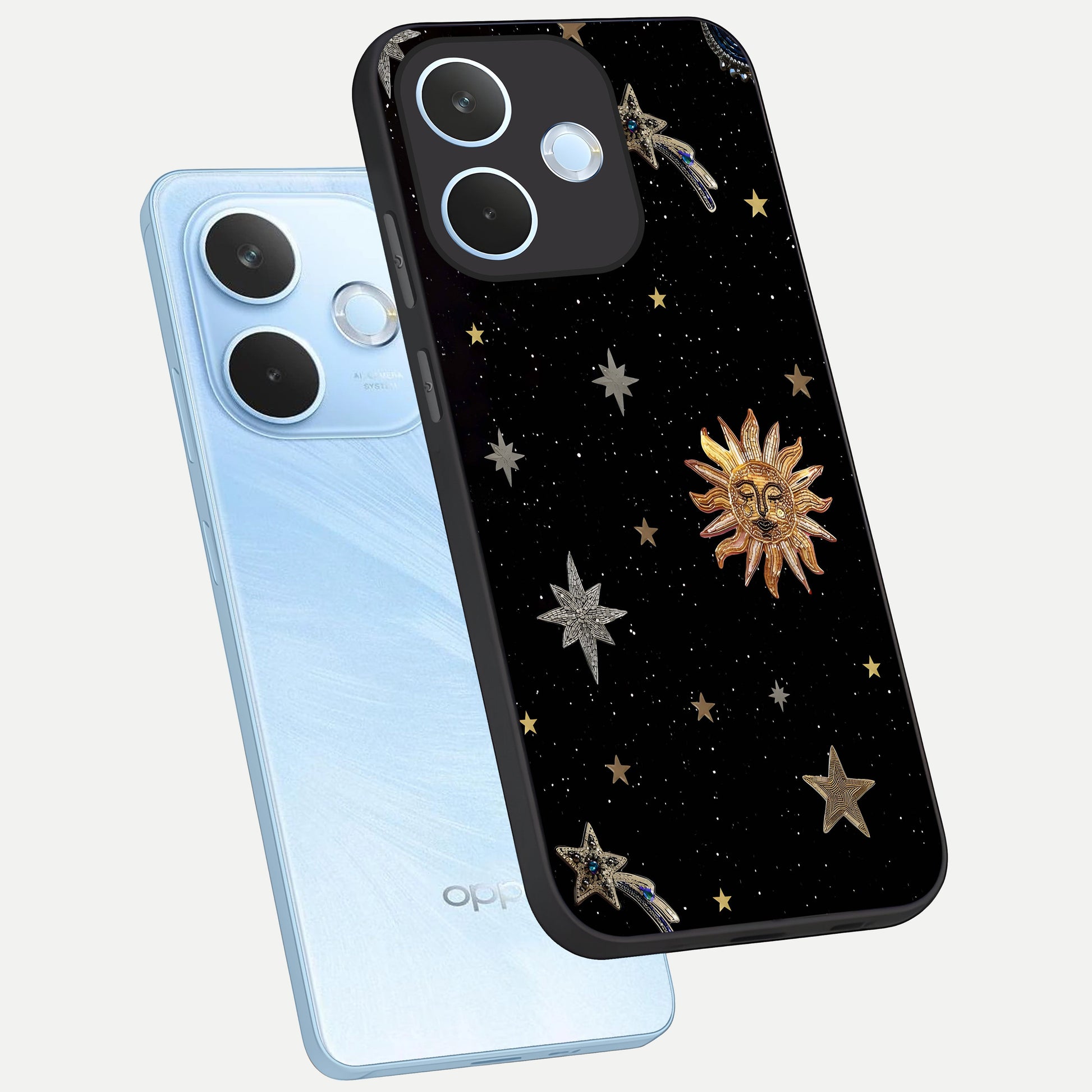  Celestial Moon With Stars phone case For Oppo Reno 15 Pro mini showing premium glass back cover with detailed artwork
