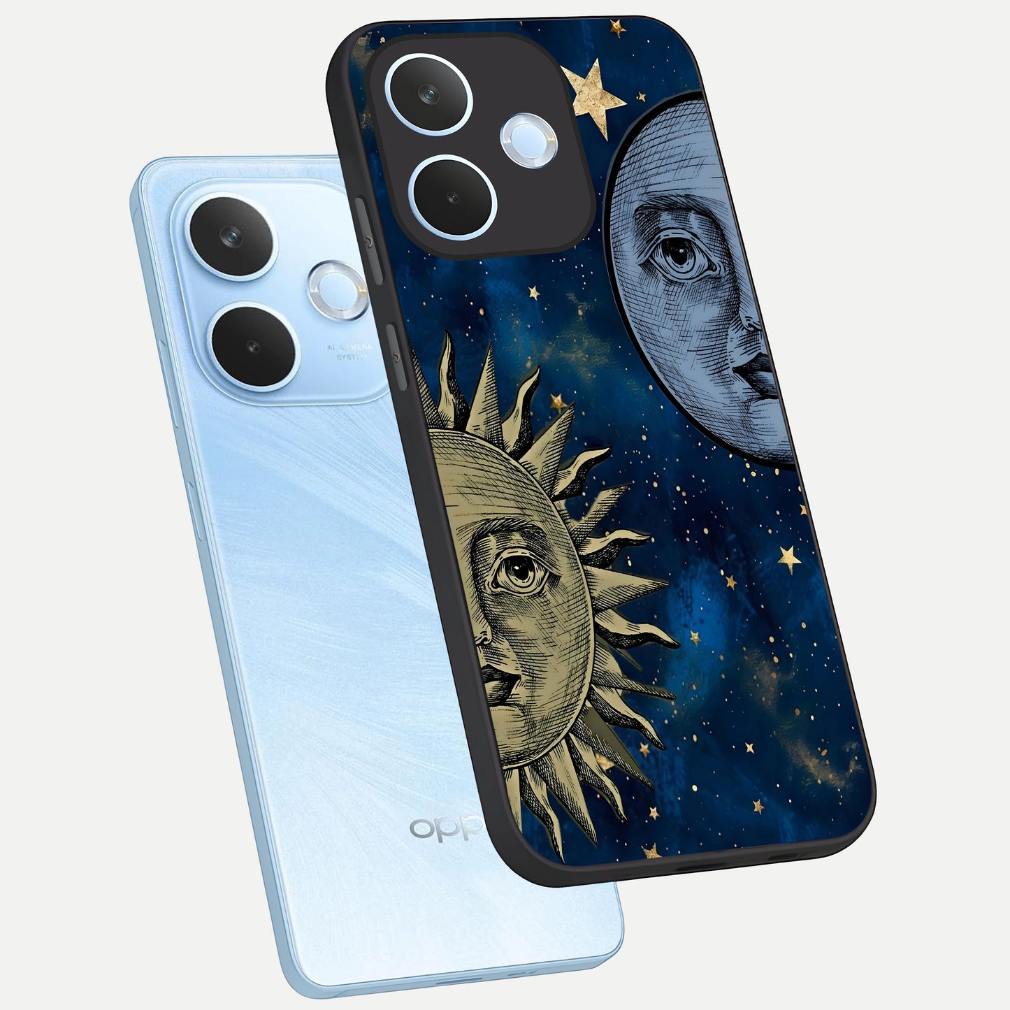  Celestial Moon With Sun phone case For Oppo Reno 15 Pro mini showing premium glass back cover with detailed artwork