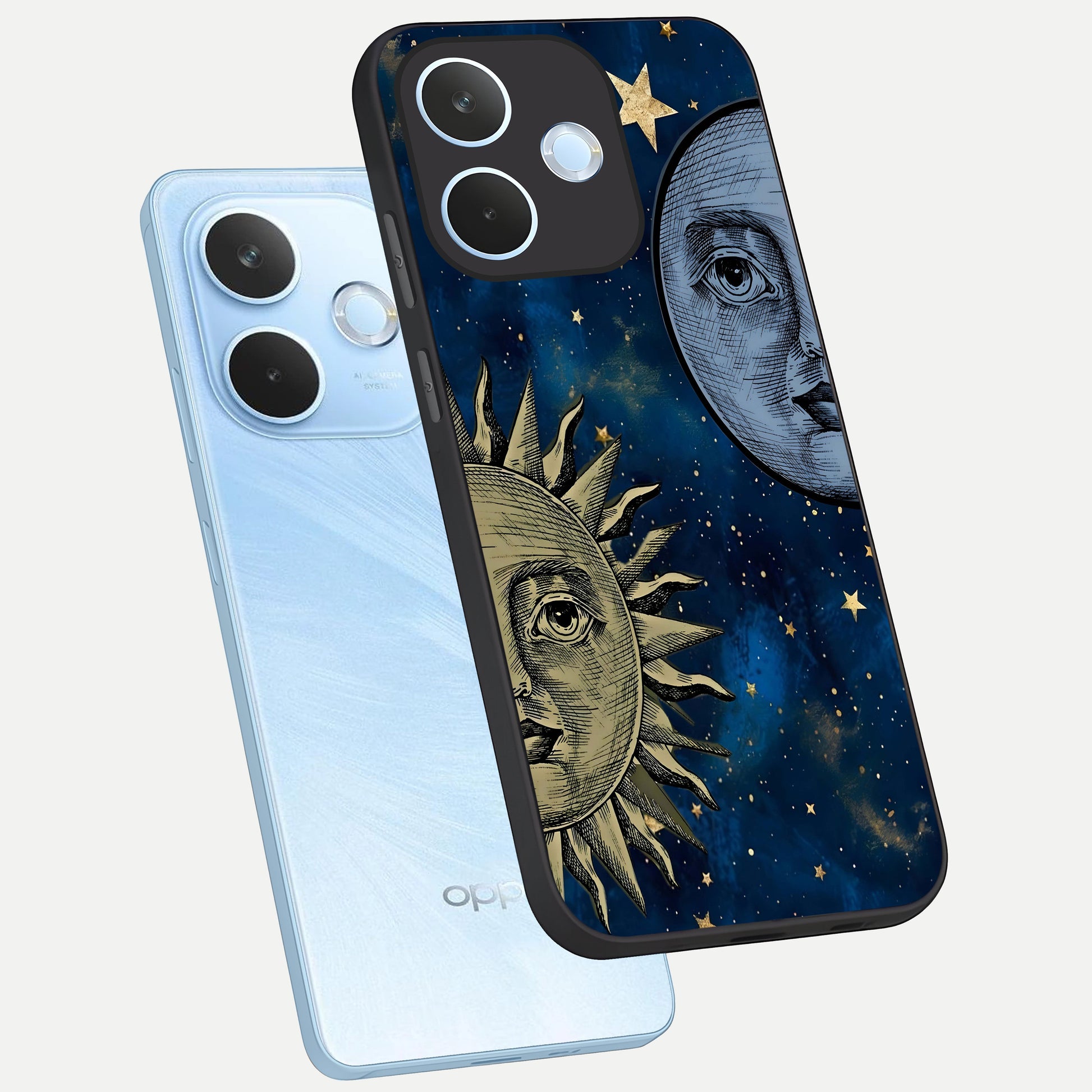  Celestial Moon With Sun phone case For Oppo Reno 15 Pro mini showing premium glass back cover with detailed artwork