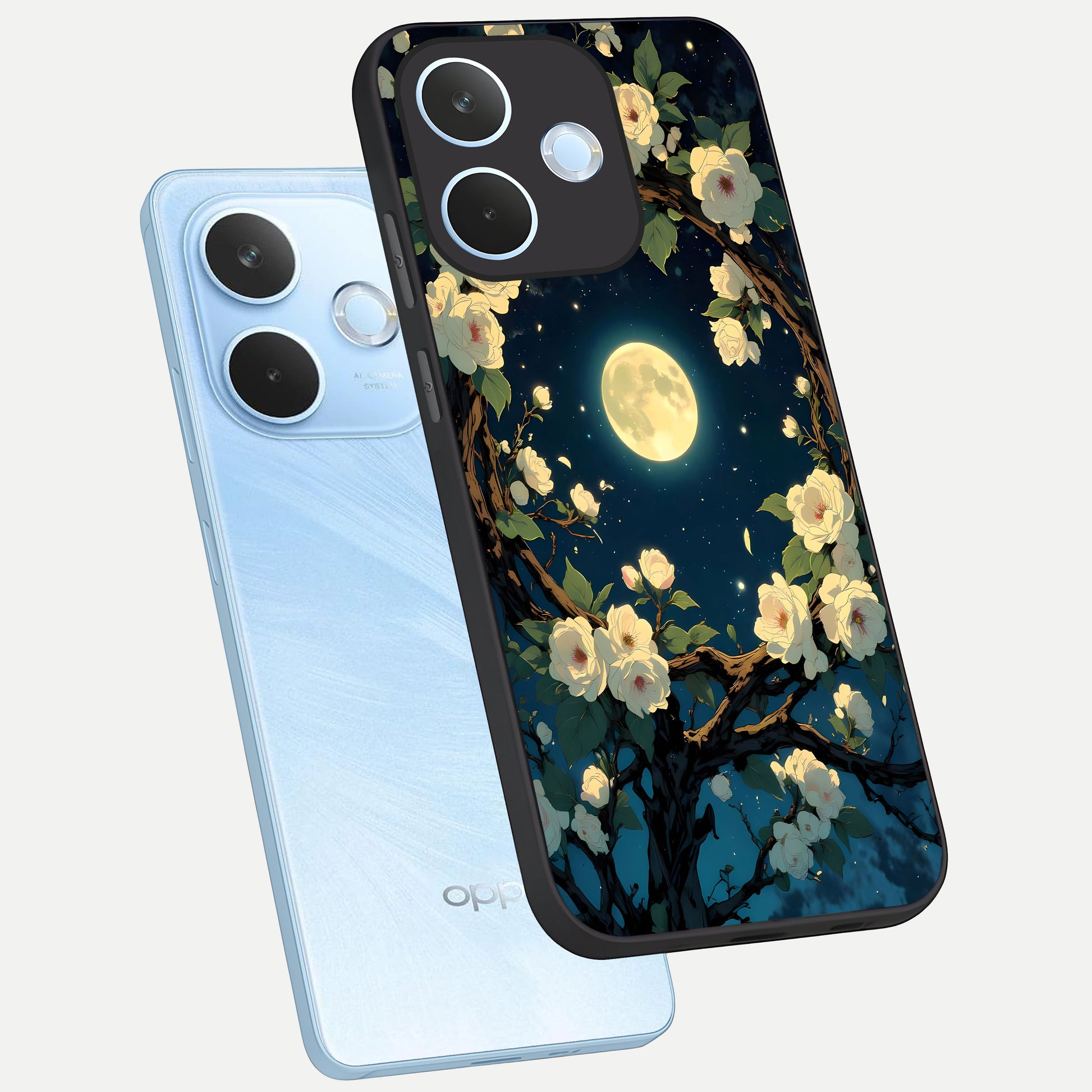  Celestial Moon And Flower phone case For Oppo Reno 15 Pro mini showing premium glass back cover with detailed artwork