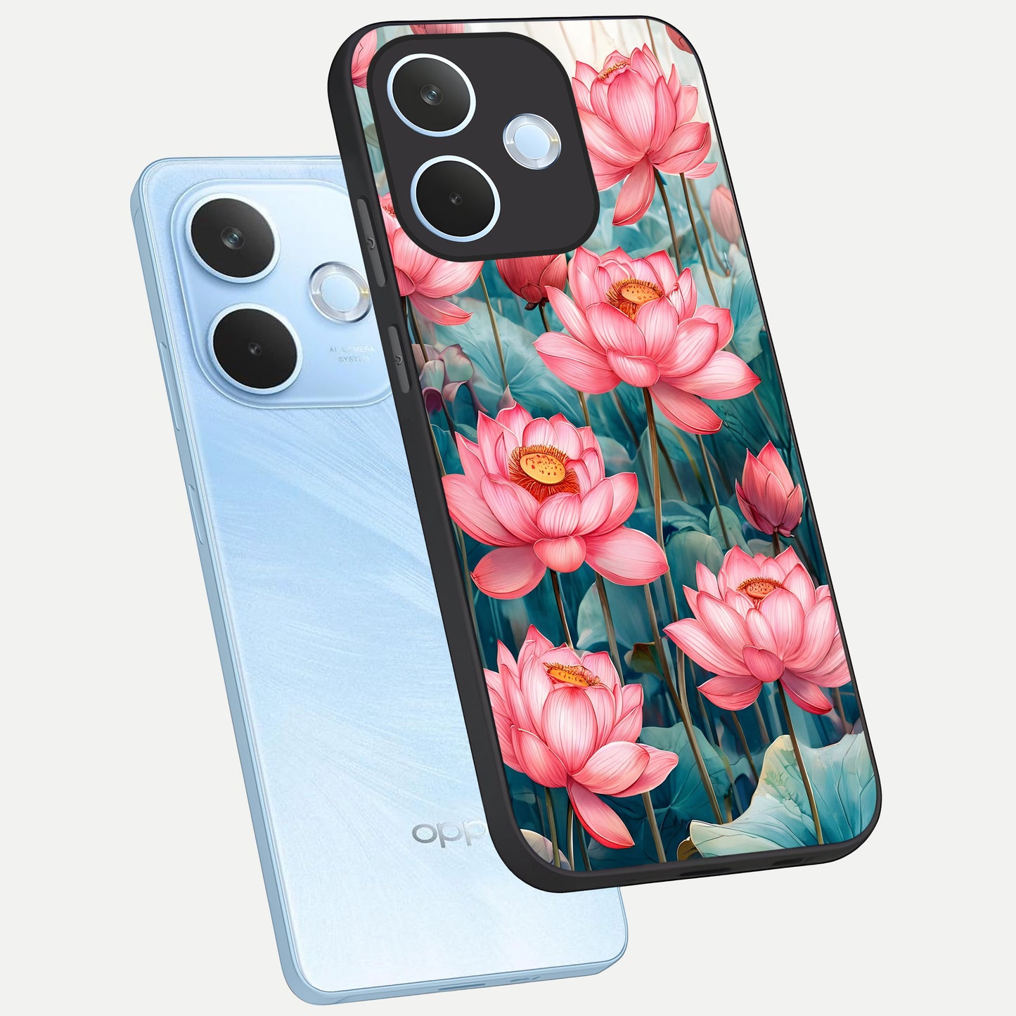  Celestial Pink Lotus phone case For Oppo Reno 15 Pro mini showing premium glass back cover with detailed artwork