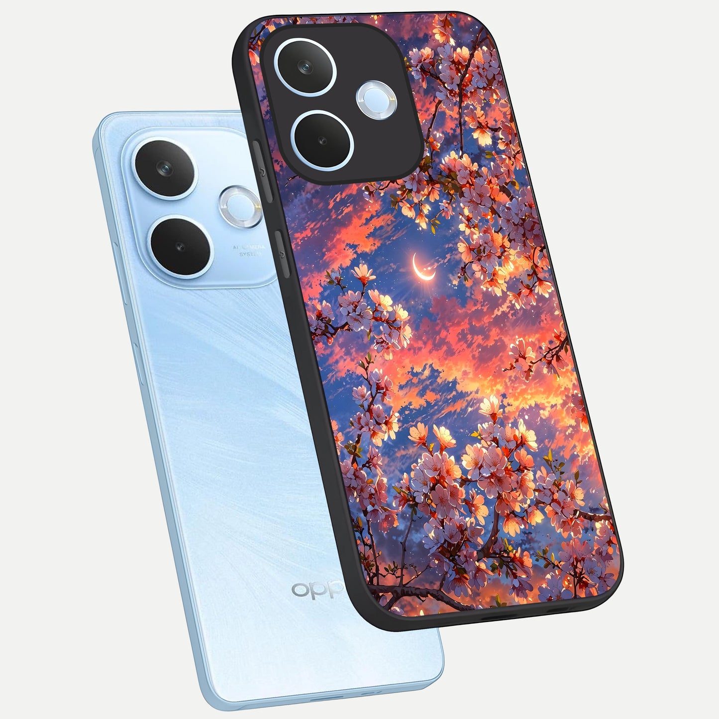  Celestial Sakura Sunset phone case For Oppo Reno 15 Pro mini showing premium glass back cover with detailed artwork