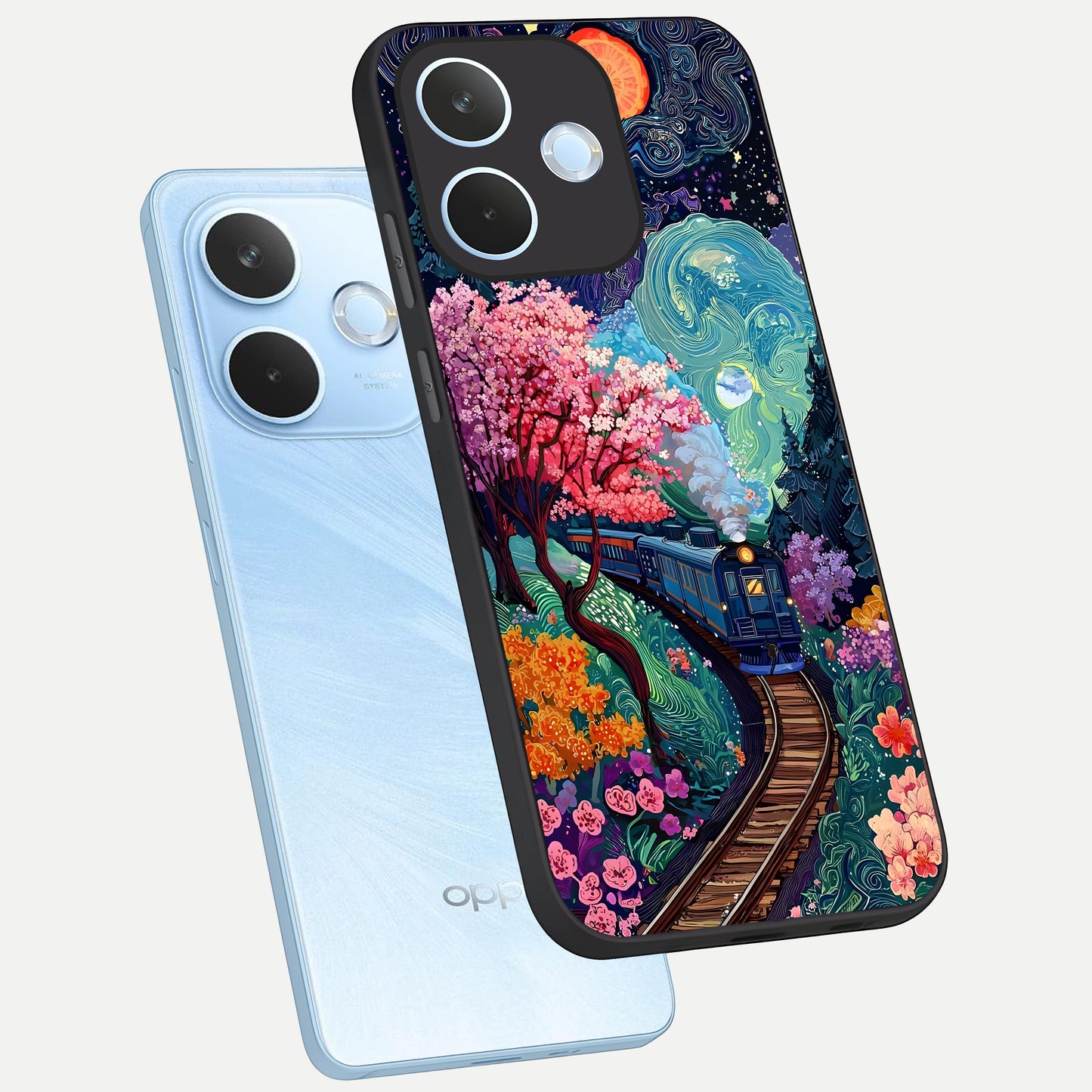  Celestial Train Journey phone case For Oppo Reno 15 Pro mini showing premium glass back cover with detailed artwork
