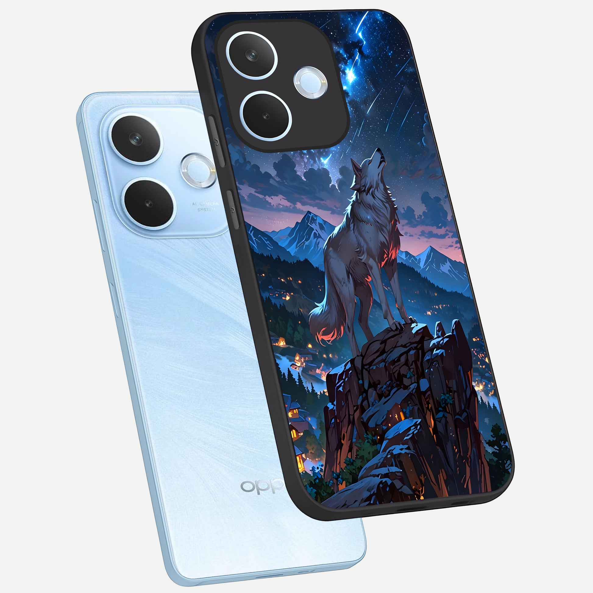  Celestial Wolf Howl phone case For Oppo Reno 15 Pro mini showing premium glass back cover with detailed artwork