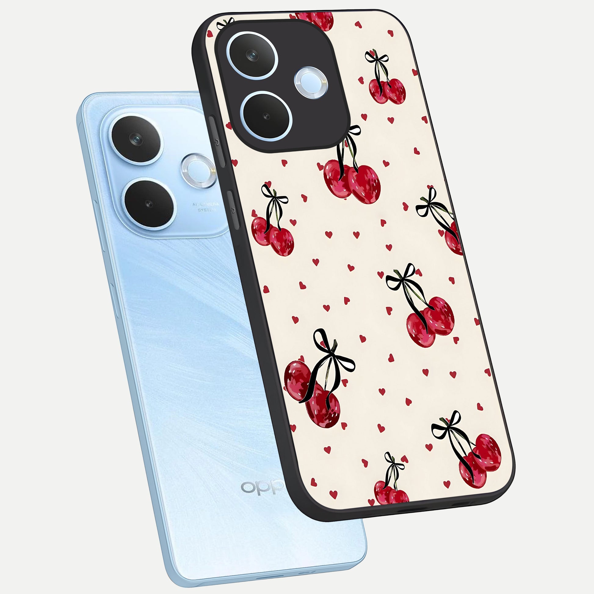  Cherry Heart Bow phone case For Oppo Reno 15 Pro mini showing premium glass back cover with detailed artwork