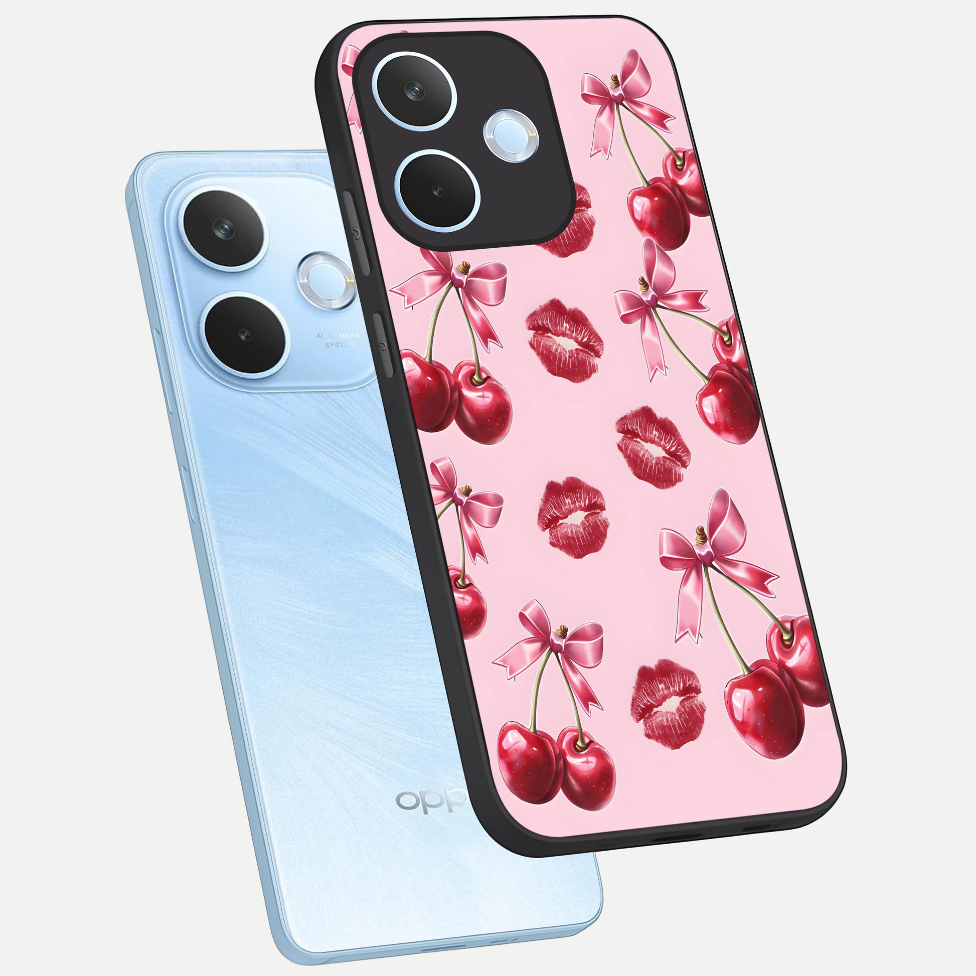  Cherry With Lips phone case For Oppo Reno 15 Pro mini showing premium glass back cover with detailed artwork