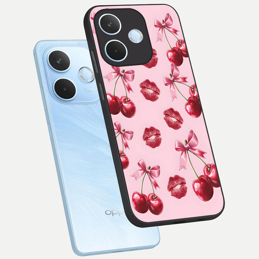  Cherry With Lips phone case For Oppo Reno 15 Pro mini showing premium glass back cover with detailed artwork