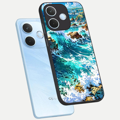  Coastal Blue Waves phone case For Oppo Reno 15 Pro mini showing premium glass back cover with detailed artwork