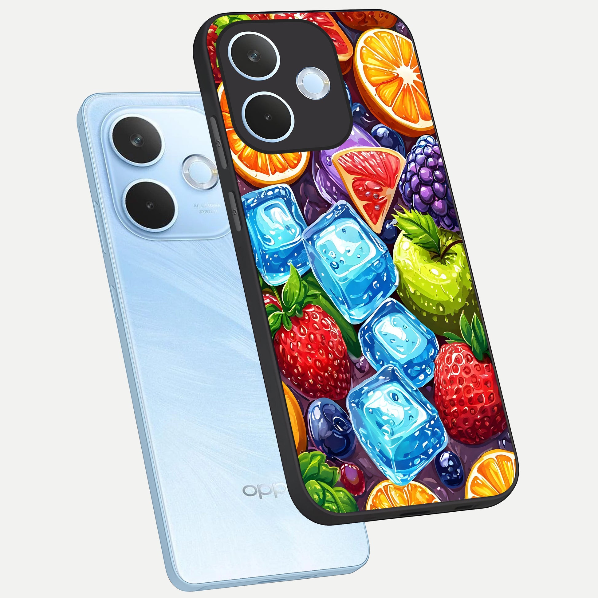  Colorful Fruits with Ice phone case For Oppo Reno 15 Pro mini showing premium glass back cover with detailed artwork