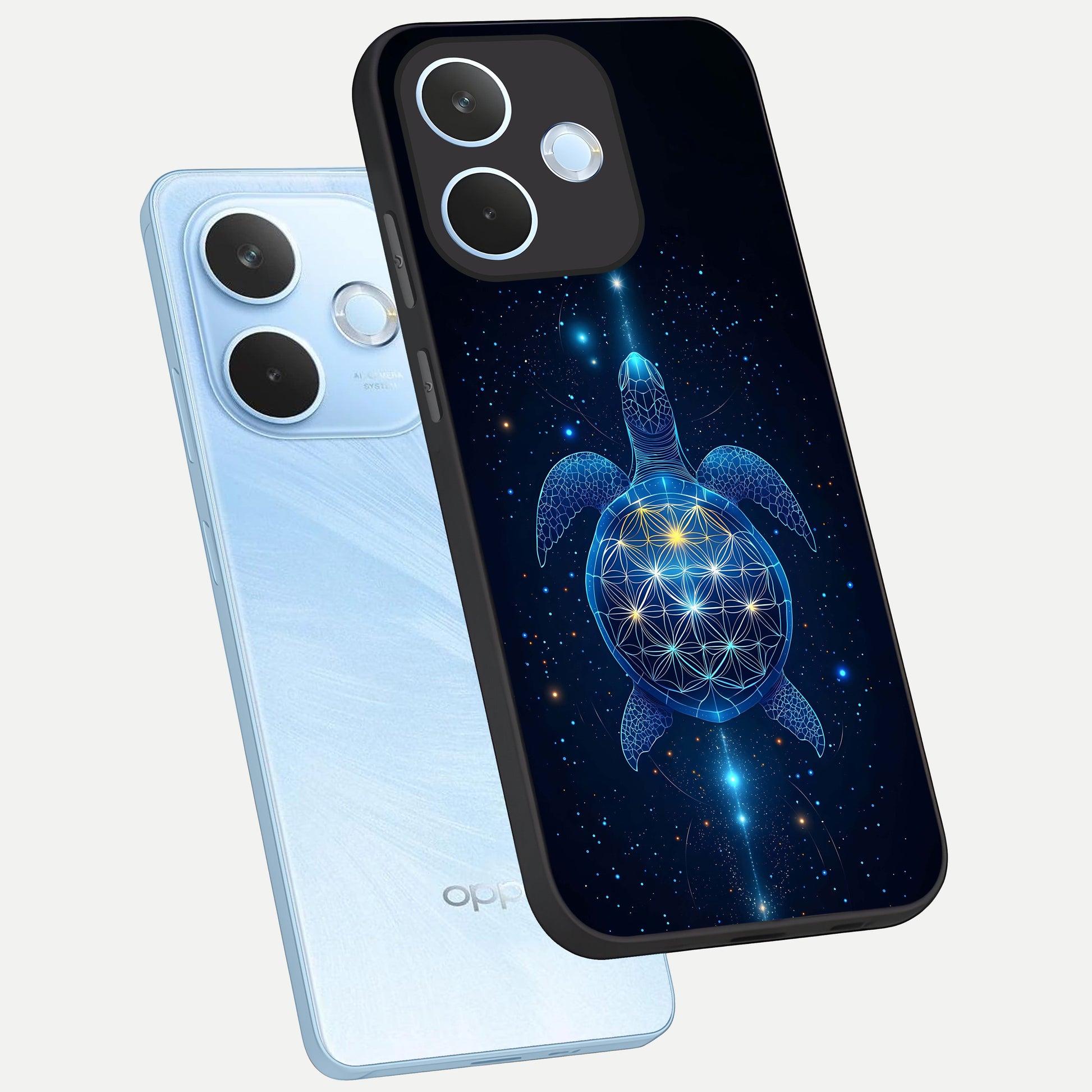  Crimson Blue Turtle phone case For Oppo Reno 15 Pro mini showing premium glass back cover with detailed artwork