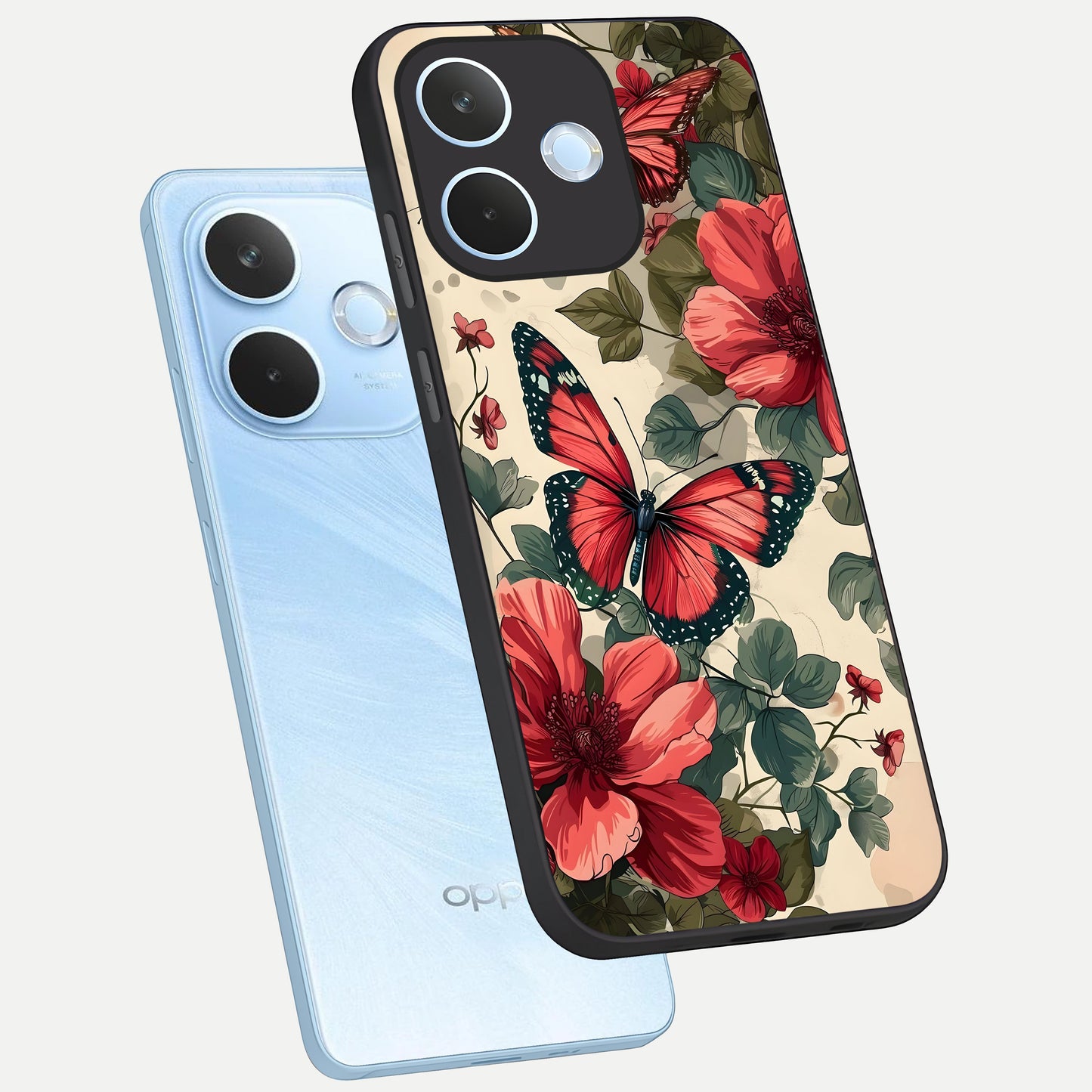  Crimson Butterfly Garden phone case For Oppo Reno 15 Pro mini showing premium glass back cover with detailed artwork