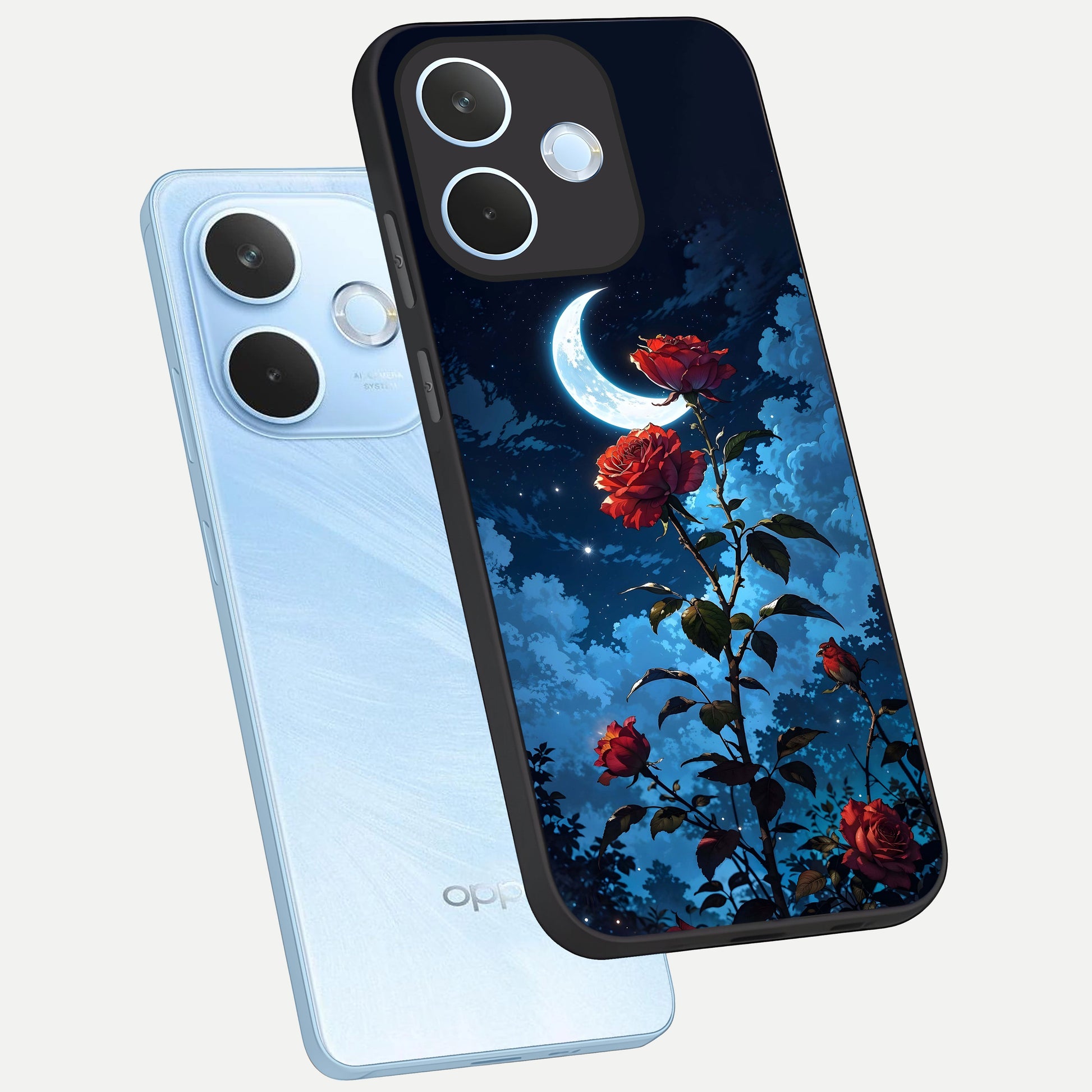  Crimson Rose Moon phone case For Oppo Reno 15 Pro mini showing premium glass back cover with detailed artwork